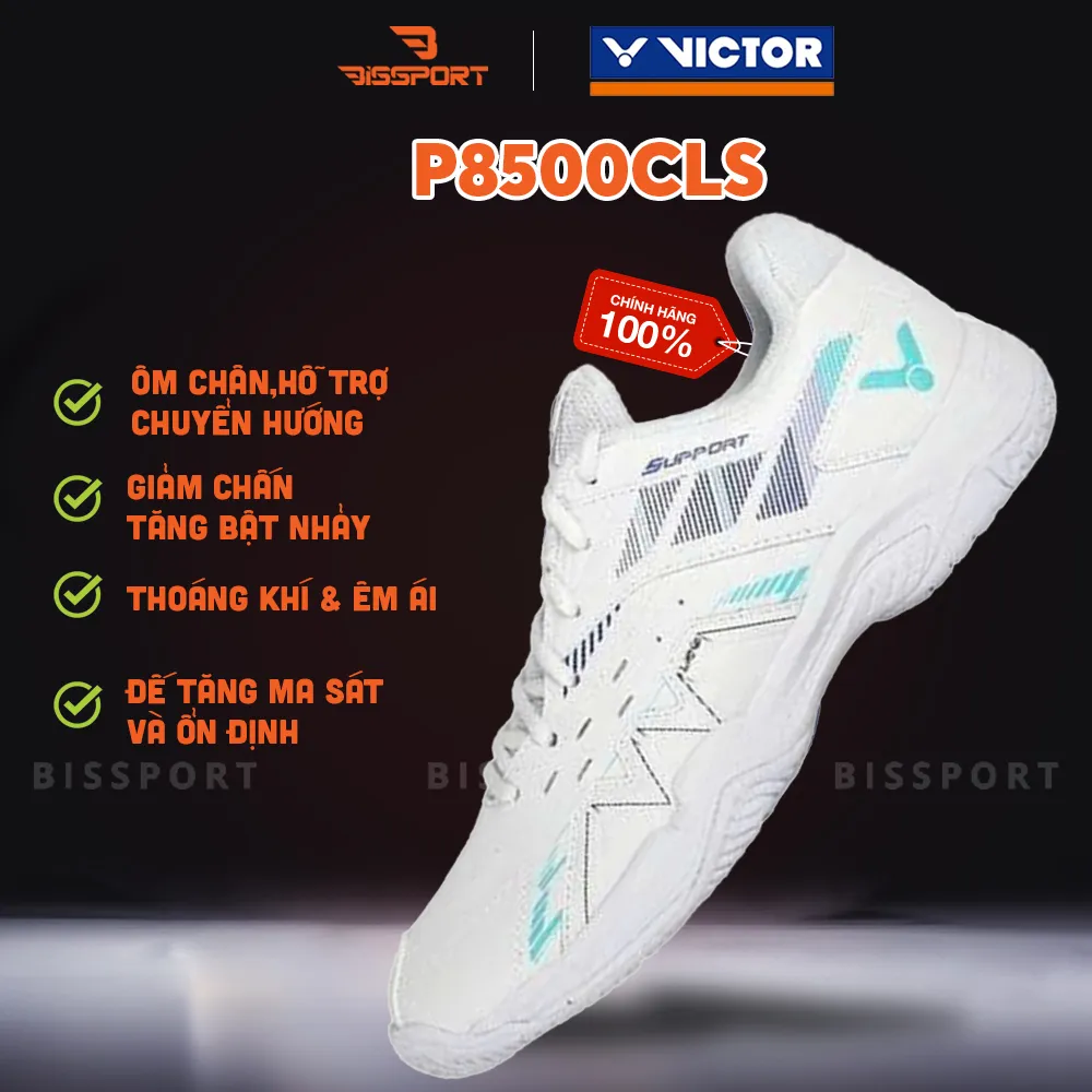 Giày Cầu Lông Victor P8500CLS-A Chính Hãng - Trắng Xanh Ngọc - Bám Sàn - Chất Da PU Siêu Bền - Thoáng Khí - Ổn Định
