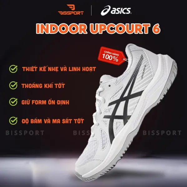 Giày Bóng Bàn/Cầu Lông Asics Upcourt 6 Trắng Đen Chính Hãng - Bền Bỉ - Ổn Đinh - Êm Ái - Thoáng Khí -  Đệm EVA Đàn Hồi