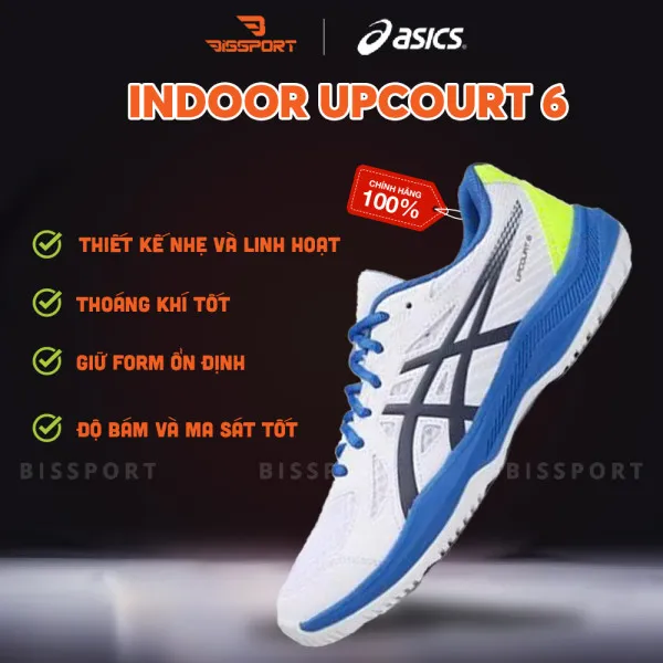 Giày Bóng Bàn/Cầu Lông Asics Upcourt 6 Trắng Xanh Dương Chính Hãng - Bền Bỉ - Nhẹ - Êm - Thoáng Khí -  Đệm EVA Đàn Hồi