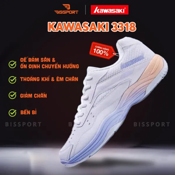 Giày Cầu Lông Kawasaki A3318 Trắng Tím Chính Hãng – Nhẹ, Êm, Bám Sân Tốt - Chống Chấn tốt - Đế Siêu Mềm