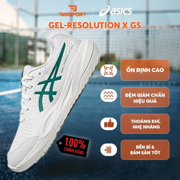 Giày Pickleball Asics GEL-RESOLUTION X GS Chính Hãng – Trắng Xanh Lá - Êm Ái, Ổn Định Và Bền Bỉ Trên Mọi Mặt Sân