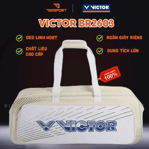 Túi Cầu Lông Victor BR2603 Trắng Be Chính Hãng - Bên Bỉ - Sức Chứa Lớn - Tiện Lợi - Chắc Chắn - Có Ngăn Chứa Vợt