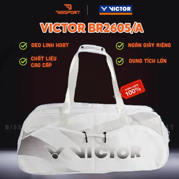 Túi Cầu Lông Victor BR2605/A Trắng Chính Hãng - Dung Tích Rộng - Ngăn Giày Riêng - Chất Liệu Bền Bỉ - Tinh Tế - Nhẹ