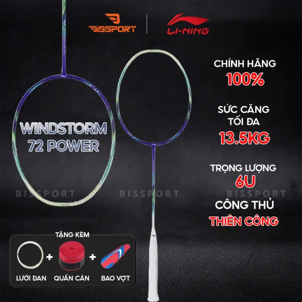 Vợt Cầu Lông Lining Windstorm 72 Power Chính Hãng – Tím Xanh – Siêu Nhẹ 72gr – Cân Bằng – Tốc Độ – Căng Đến 13kg
