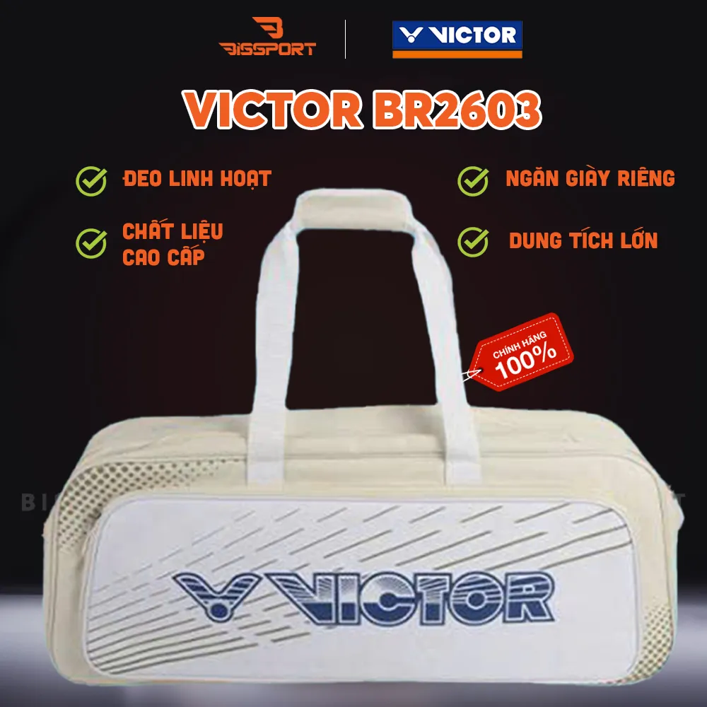 Túi Cầu Lông Victor BR2603 Trắng Be Chính Hãng - Bên Bỉ - Sức Chứa Lớn - Tiện Lợi - Chắc Chắn - Có Ngăn Chứa Vợt