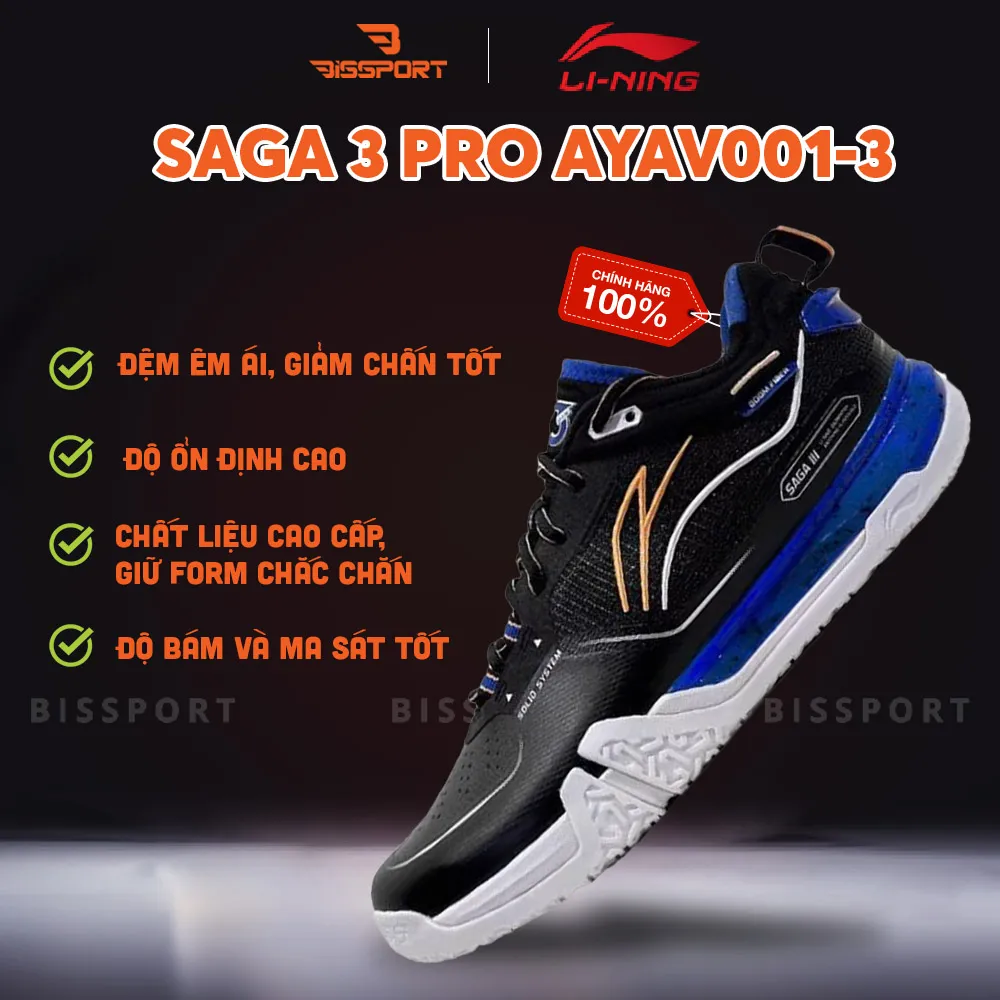 Giày Cầu Lông Lining Saga 3 Pro AYAV001-3 Đen Chính Hãng - Thông Thoáng - Bền - Giảm Chấn - Mềm - Chống Chấn