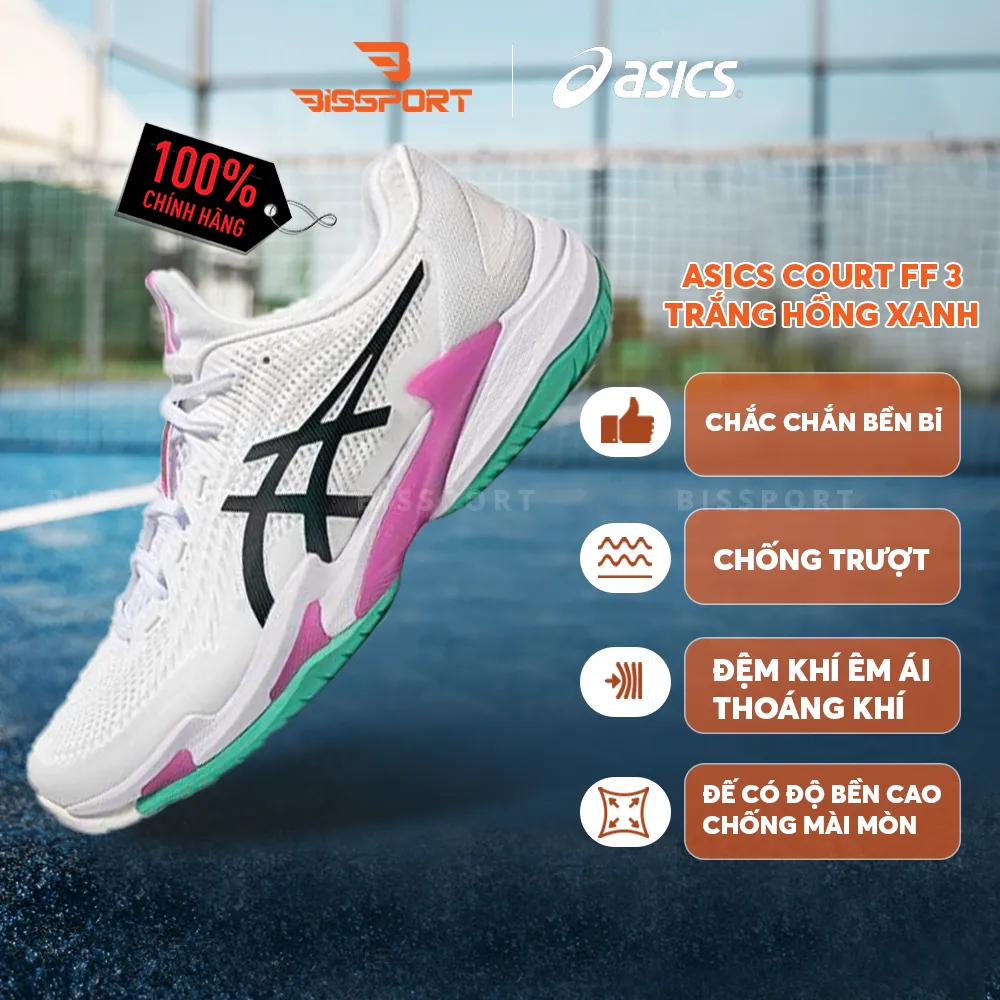 Giày Tennis/Pickleball Asics Asics Court FF3 Chính Hãng - Trắng Hồng Xanh - Êm Ái, Ổn Định - Giảm Chấn - Bám Mọi Sàn