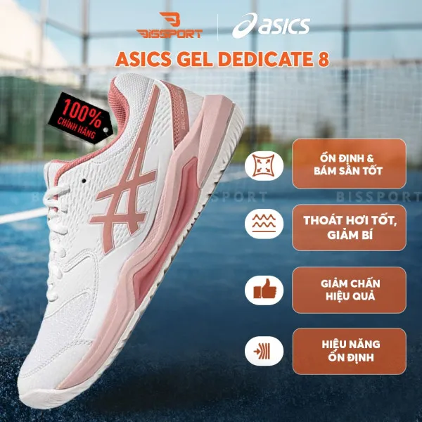 Giày Tennis/Pickleball ASICS Dedicate 8 Chính Hãng – Trắng Hồng – Nhẹ, Bám Sân – Công Nghệ GEL™ Giảm Chấn – Thoáng Khí