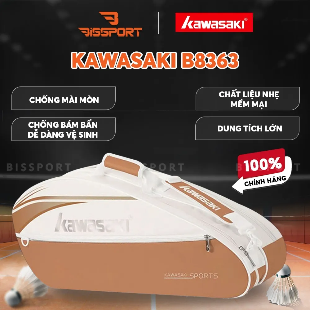 Túi Cầu Lông Kawasaki B8363 Chính Hãng - Nâu - Túi 2 Ngăn - Vải Chống Thấm Nước - Khóa Kéo Siêu Bền - Tiện Lợi - Nhẹ