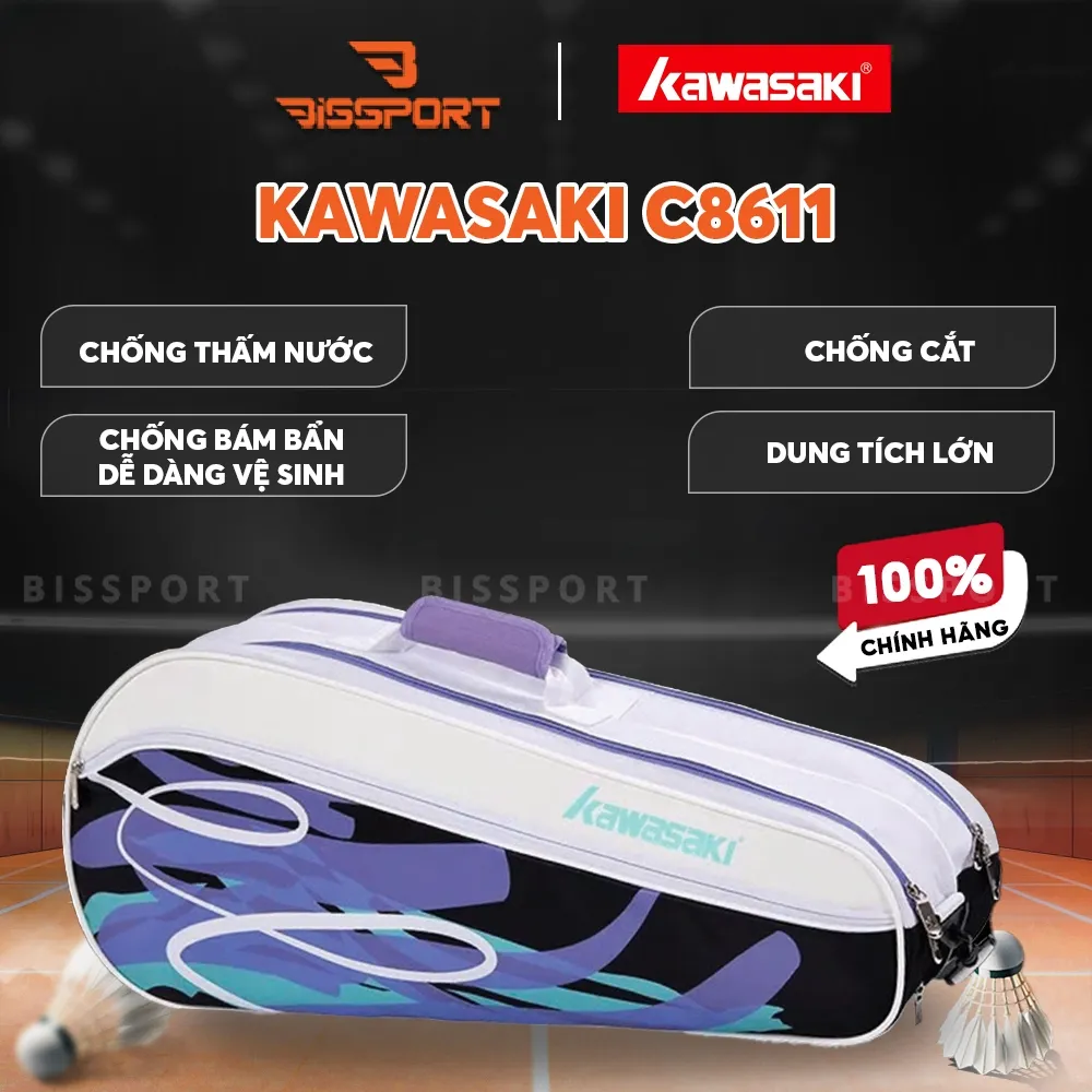 Túi Cầu Lông Kawasaki C8611 Chính Hãng - Tím Đen - Túi 2 Ngăn - Vải Chống Thấm Nước - Khóa Kéo Siêu Bền - Tiện Lợi