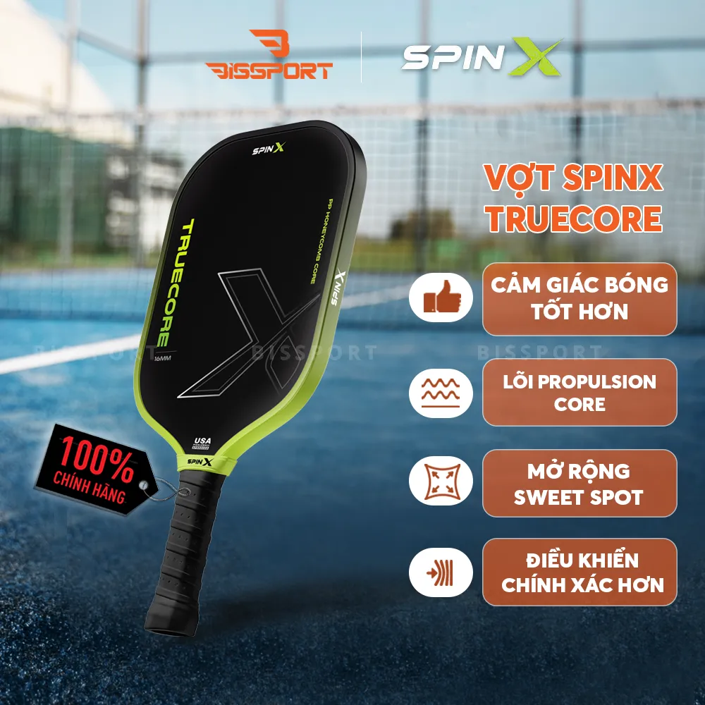 Vợt Pickleball SpinX TrueCore 16MM Chính Hãng - Xanh Lá - Ổn Định – Cảm Giác Bóng Rõ – Kiểm Soát - Bề Mặt T700 Carbon