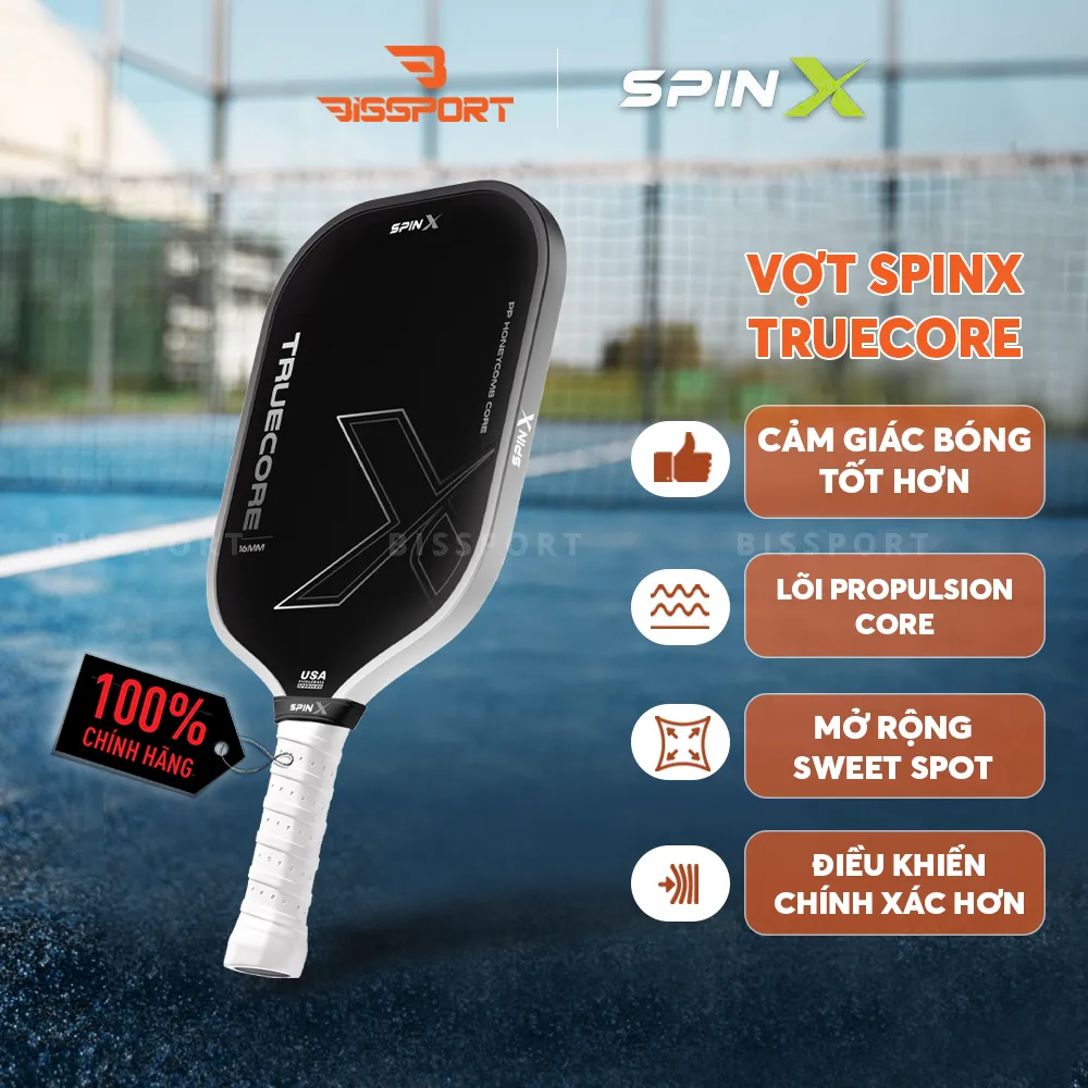 Vợt Pickleball SpinX TrueCore 16MM Chính Hãng - Trắng - Ổn Định – Cảm Giác Bóng Rõ – Kiểm Soát - Bề Mặt T700 Carbon