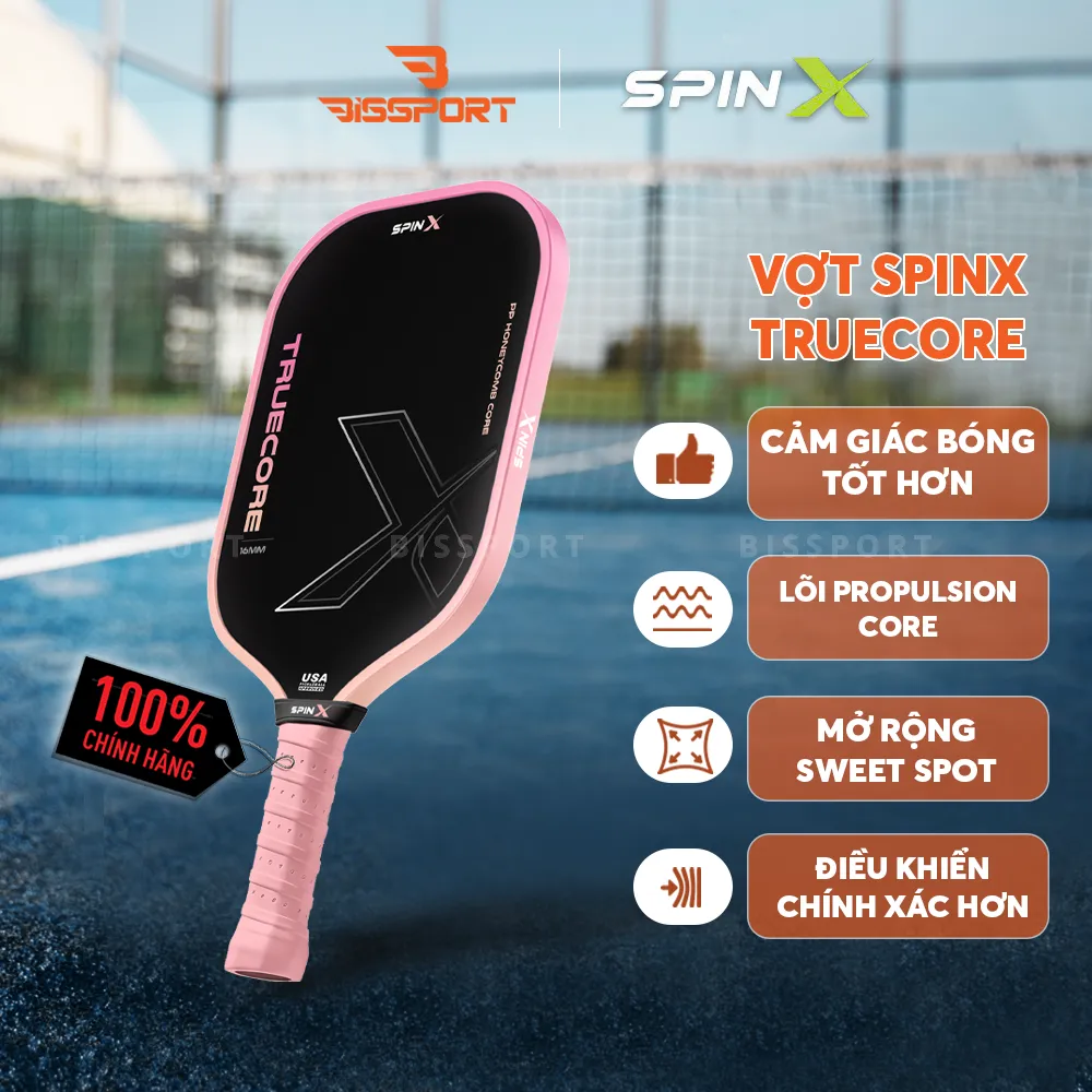 Vợt Pickleball SpinX TrueCore 16MM Chính Hãng - Hồng - Ổn Định – Cảm Giác Bóng Rõ – Kiểm Soát - Bề Mặt T700 Carbon