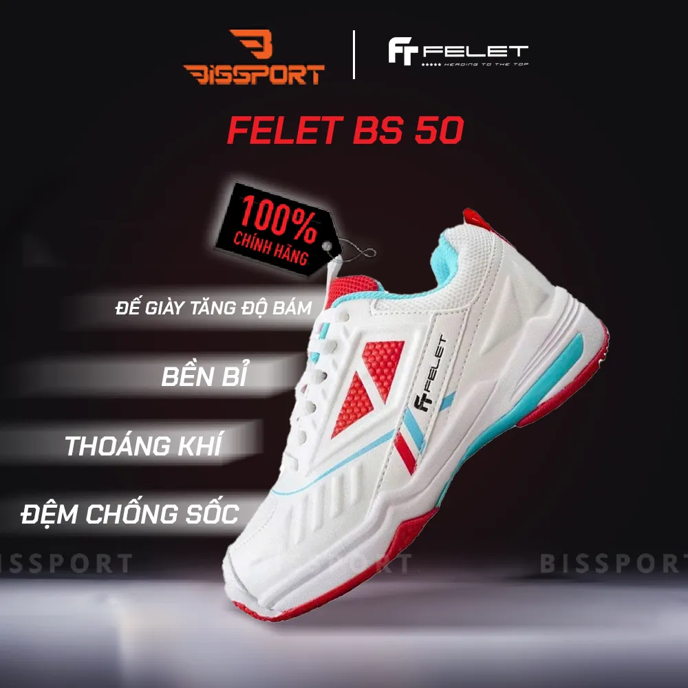 Giày Cầu Lông FELET BS50 Trắng Đỏ Chính Hãng – Ổn Định, Êm Và Linh Hoạt Trên Sân - Giảm Chấn Cho Chân - Thoáng Khí