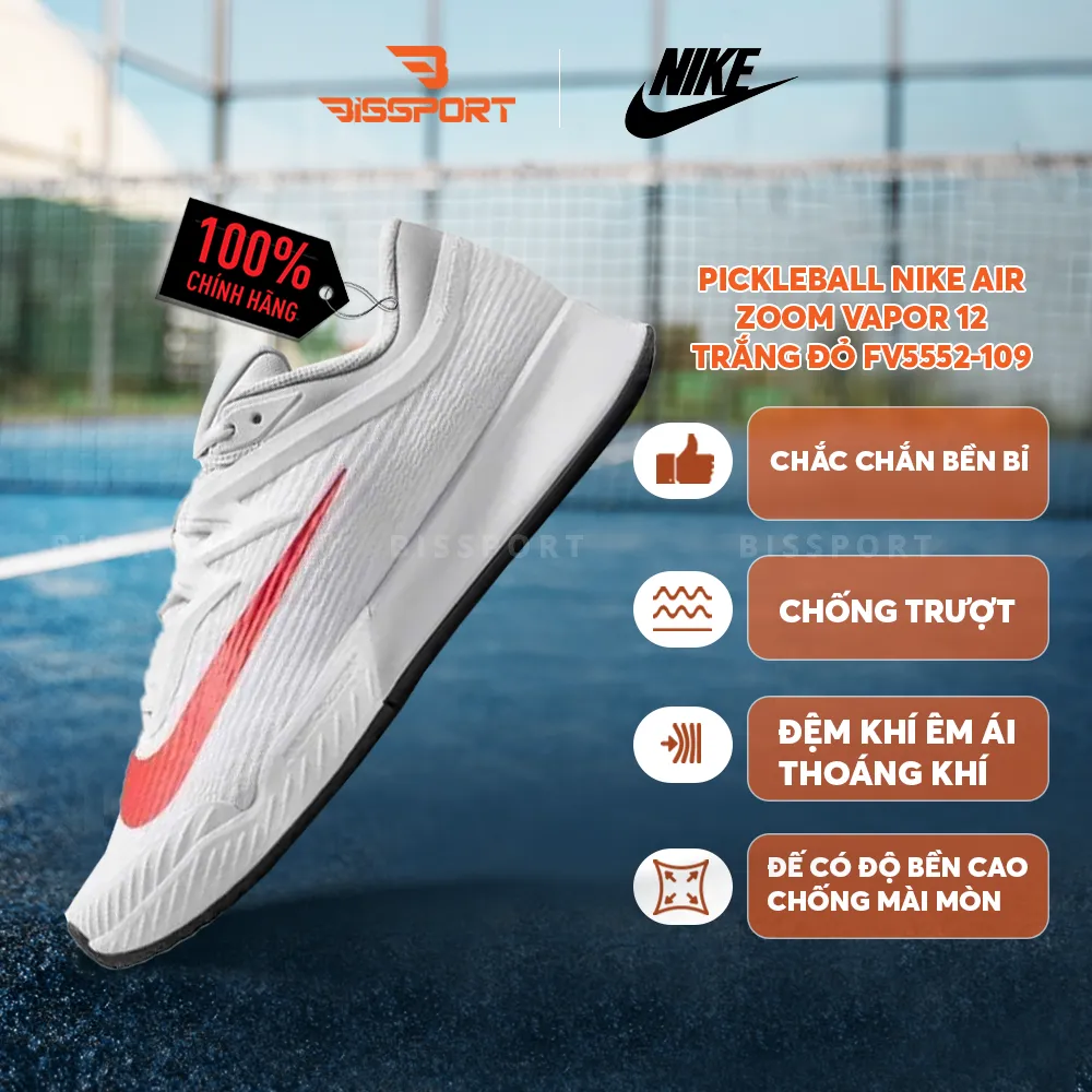 Giày Pickleball Nike Air Zoom Vapor 12 FV5552-109 Chính Hãng – Trắng Đỏ - Nhẹ, Êm, Tốc Độ Cao, Bám Sân Tốt