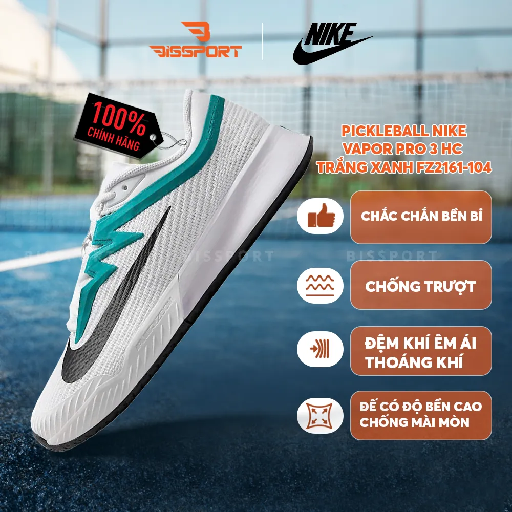 Giày Pickleball Nike Vapor Pro 3 HC FZ2161-104 Chính Hãng – Trắng Xanh - Nhẹ, Êm, Bám Sân Tốt, Di Chuyển Linh Hoạt
