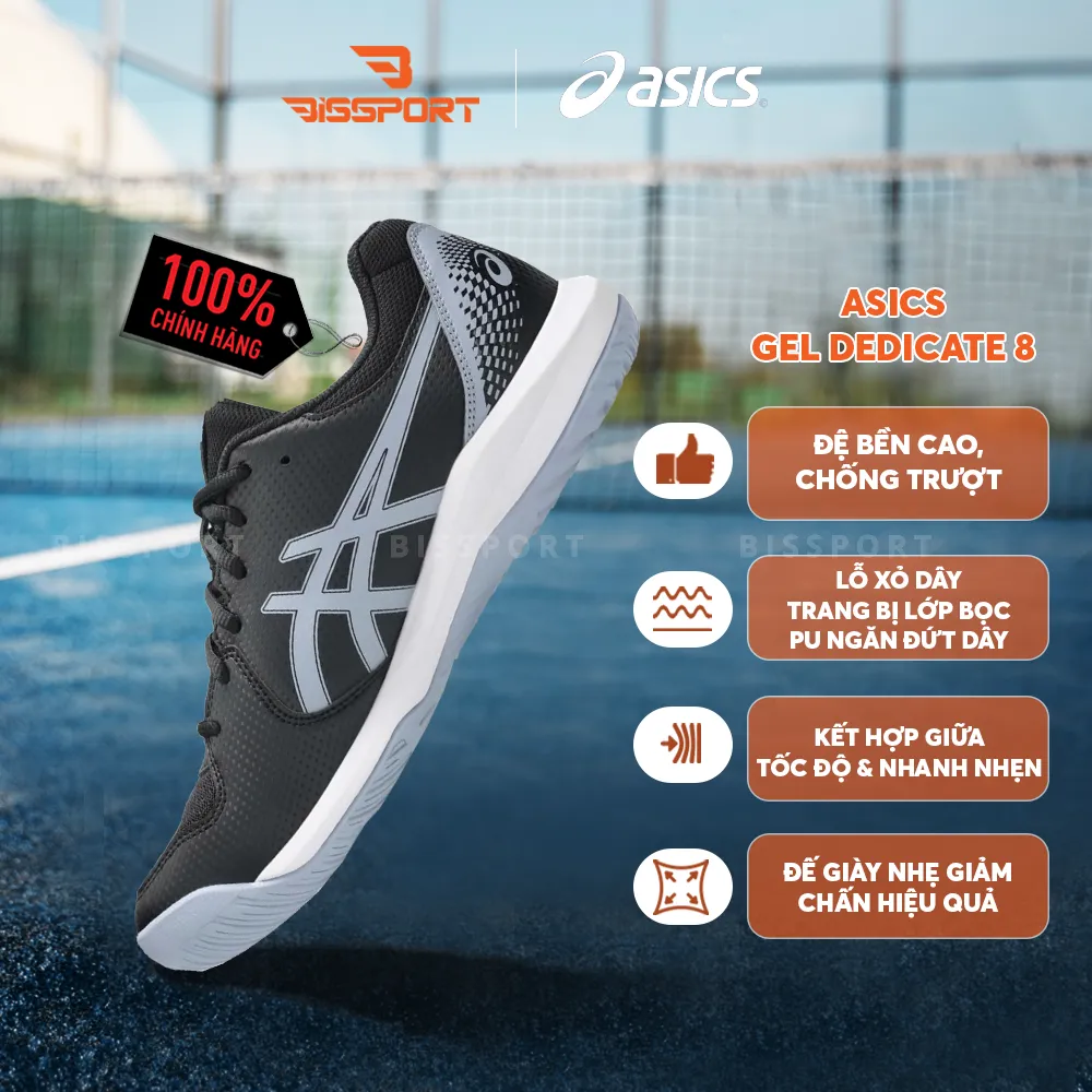 Giày Tennis/Pickleball ASICS Dedicate 8 Chính Hãng – Đen – Nhẹ, Bám Sân – Công Nghệ GEL™ Giảm Chấn – Thoáng Khí