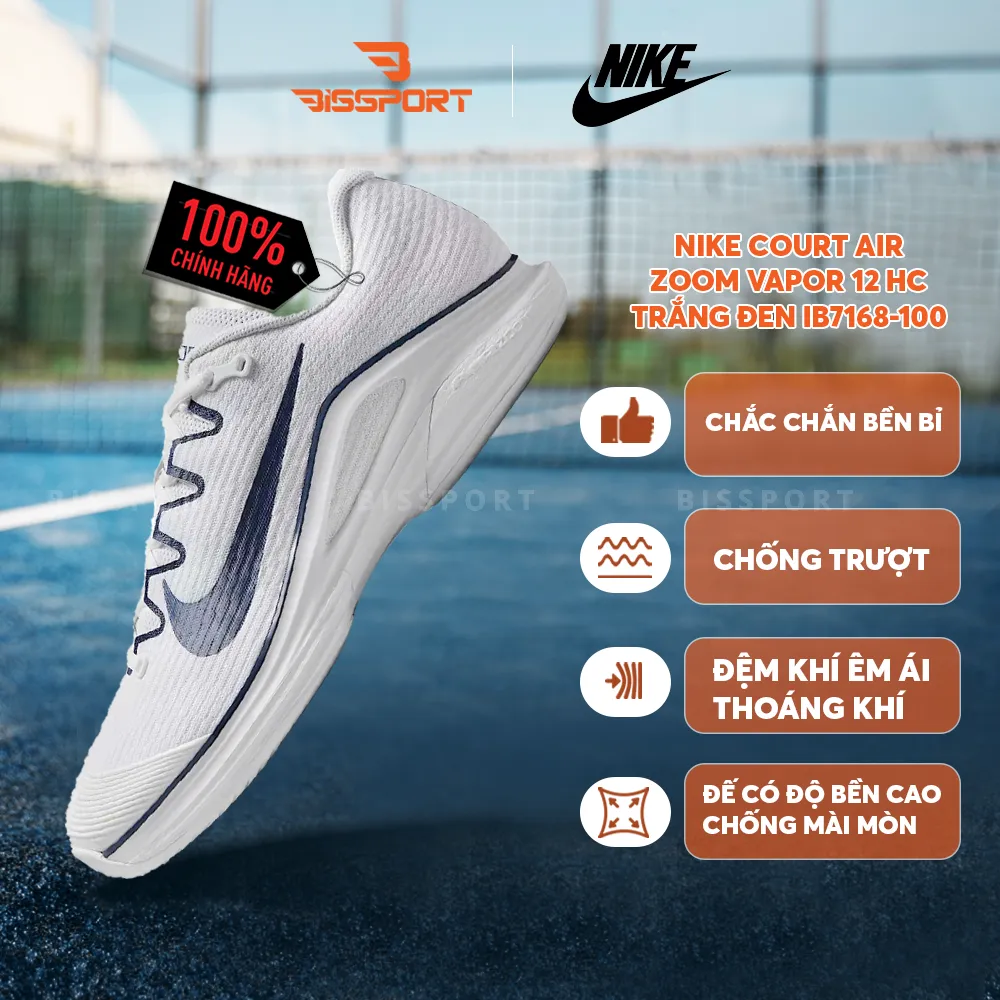 Giày Pickleball Nike Court Air Zoom Vapor 12 HC IB7168-100 Chính Hãng – Trắng Đen - Tốc Độ Cao, Êm Ái, Bám Sân Ổn Định