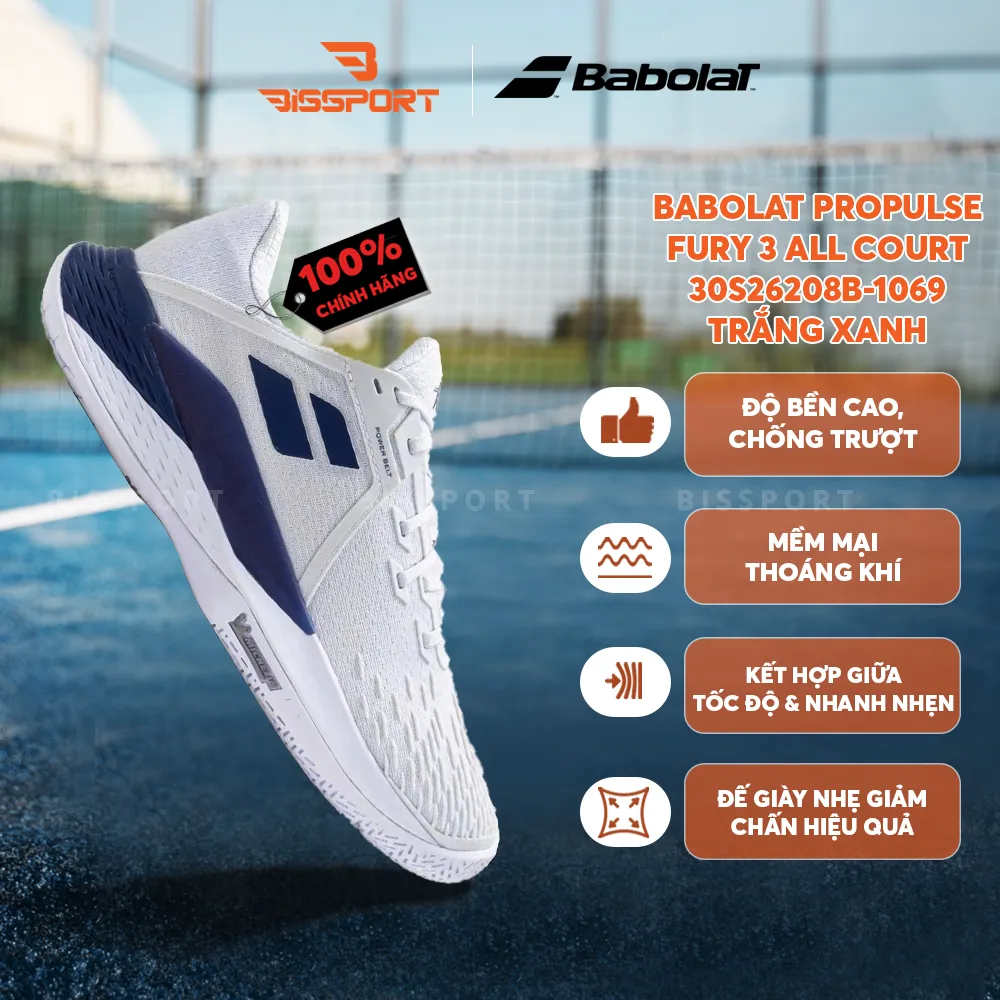 Giày Pickleball Babolat Propulse Fury 3 ALL Court - 30S26208B-1069 Trắng Xanh