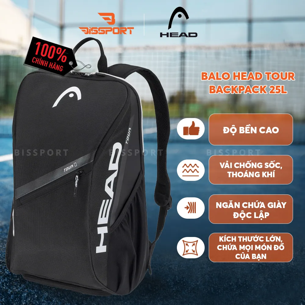 Balo Pickleball HEAD Backpack Tour 25L Chính Hãng - Đen - Gọn - Đa Năng - Tiện Dụng - Bền Bỉ - Chắc Chắn - Dày Dặn