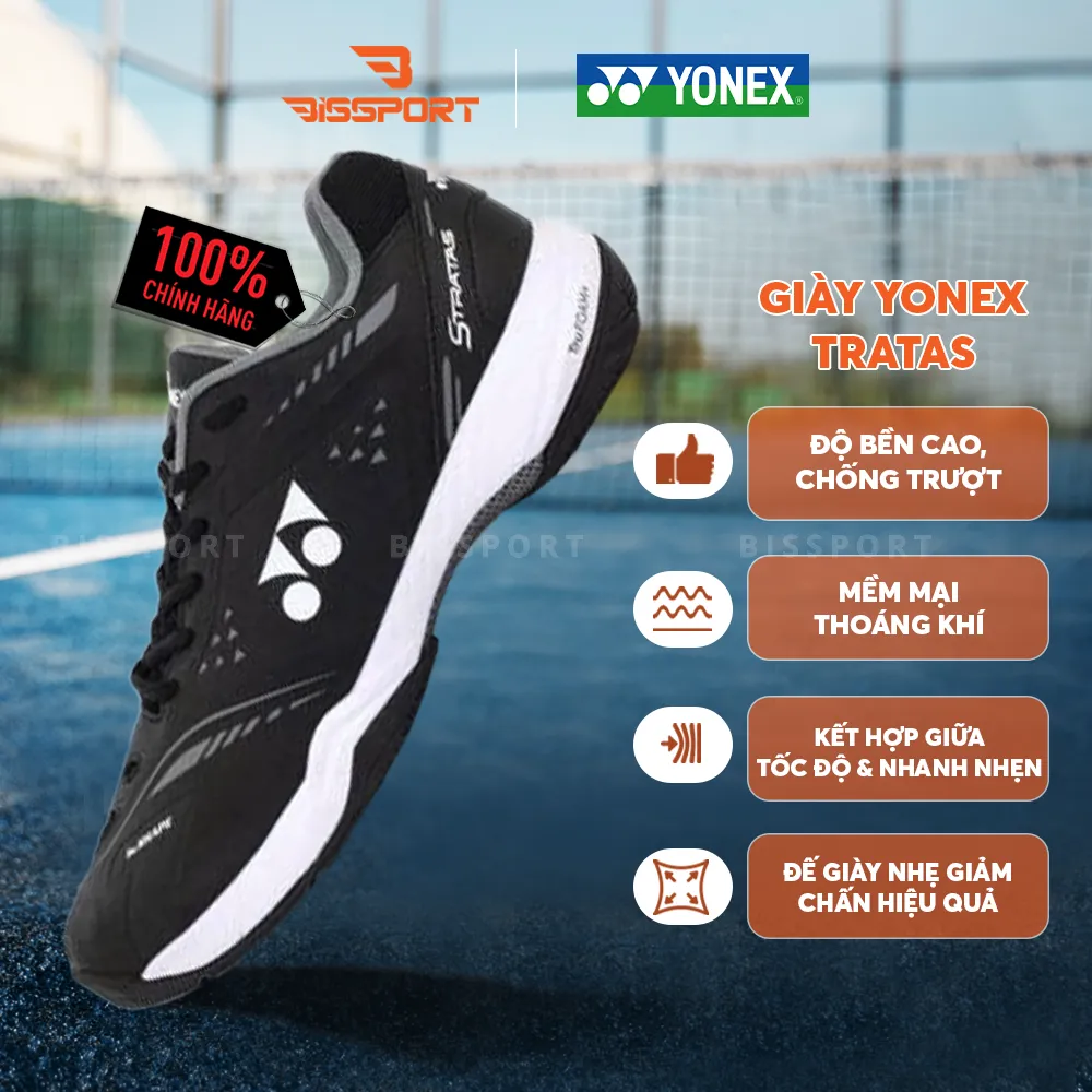 Giày Cầu ông Yonex Stratas Chính Hãng - Đen - Bền Bỉ - Thông Thoáng - Giảm Chấn - Khóa Cổ Chân - Mềm Mại