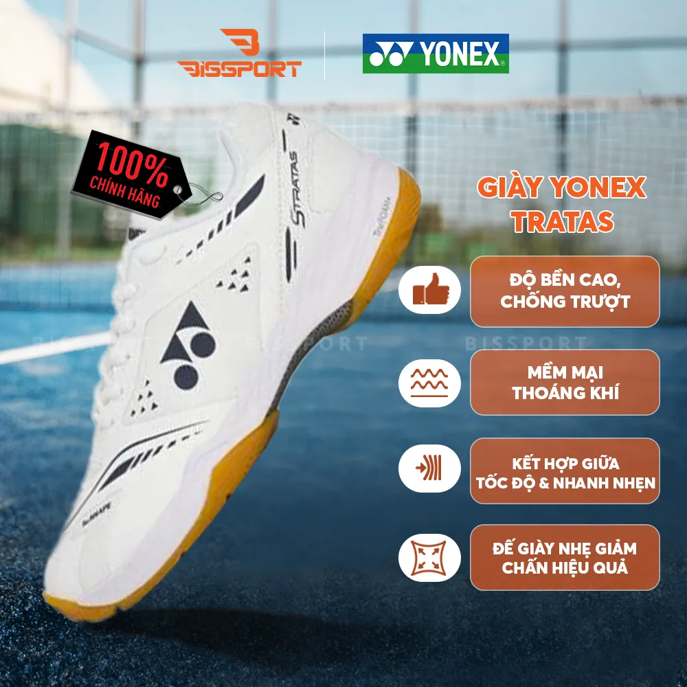 Giày Cầu ông Yonex Stratas Chính Hãng -Trắng - Bền Bỉ - Thông Thoáng - Giảm Chấn - Khóa Cổ Chân - Mềm Mại
