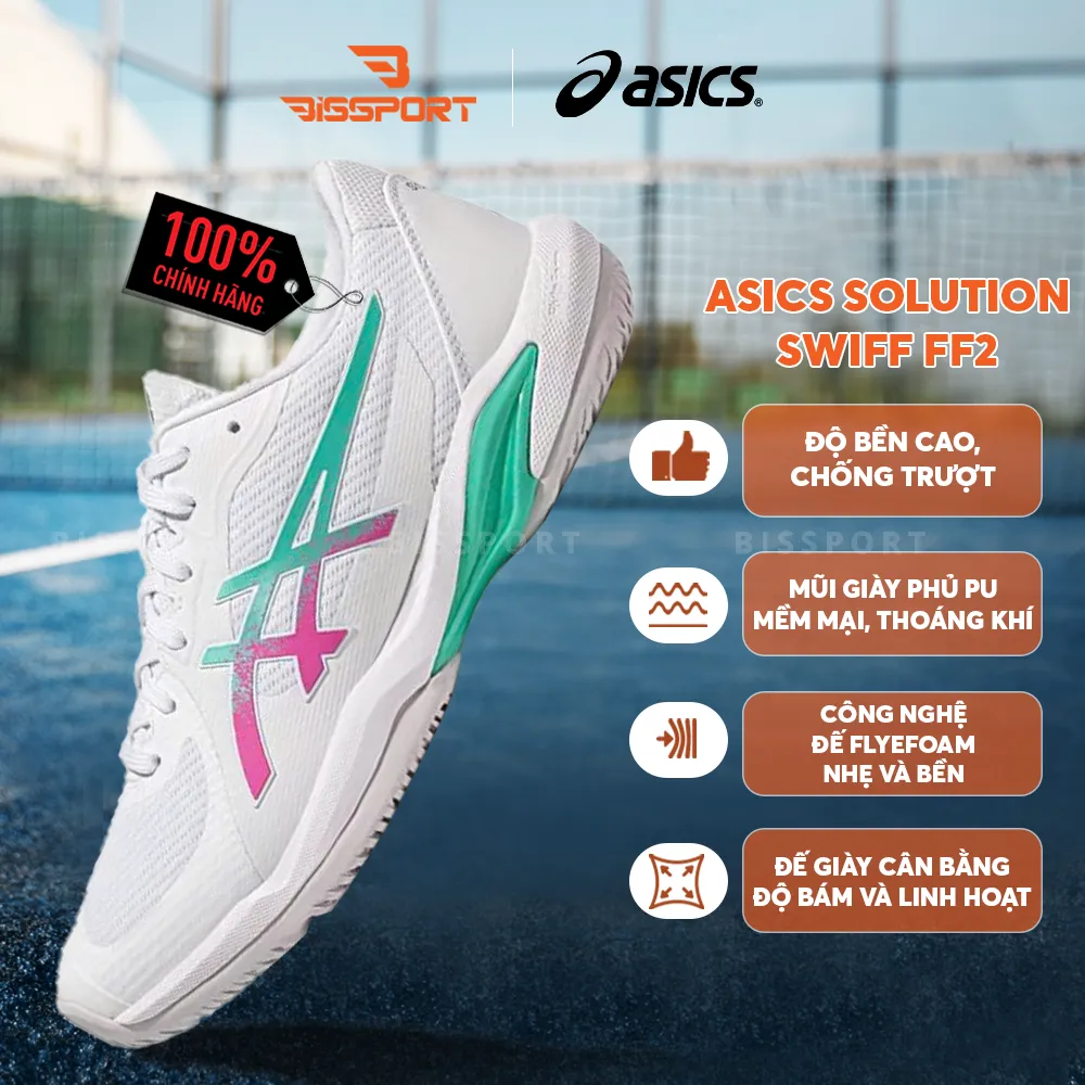 Giày Tennis/Pickleball ASICS Solution Swift FF 2 Trắng Xanh Hồng (1041A466-104) Chính Hãng - Linh Hoạt - Êm - Bền Bỉ