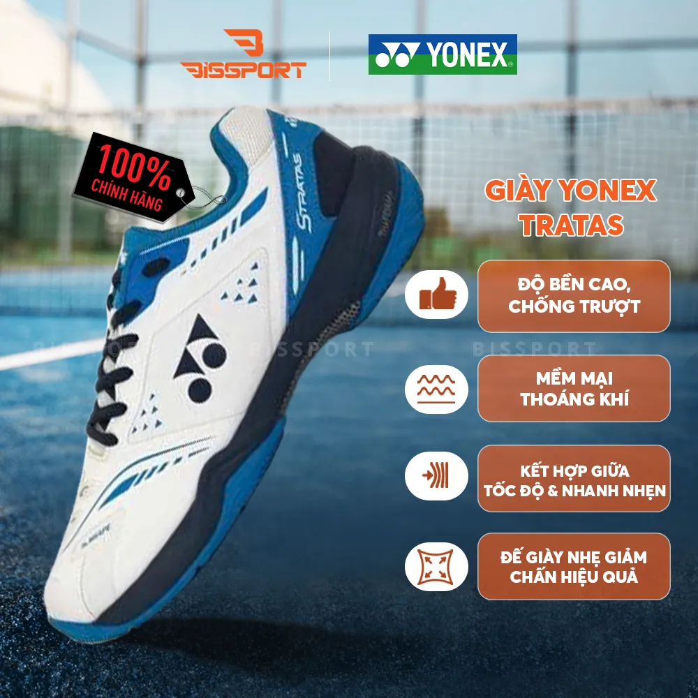 Giày Cầu ông Yonex Stratas Chính Hãng - Trắng Xanh - Bền Bỉ - Thông Thoáng - Giảm Chấn - Khóa Cổ Chân - Mềm Mại