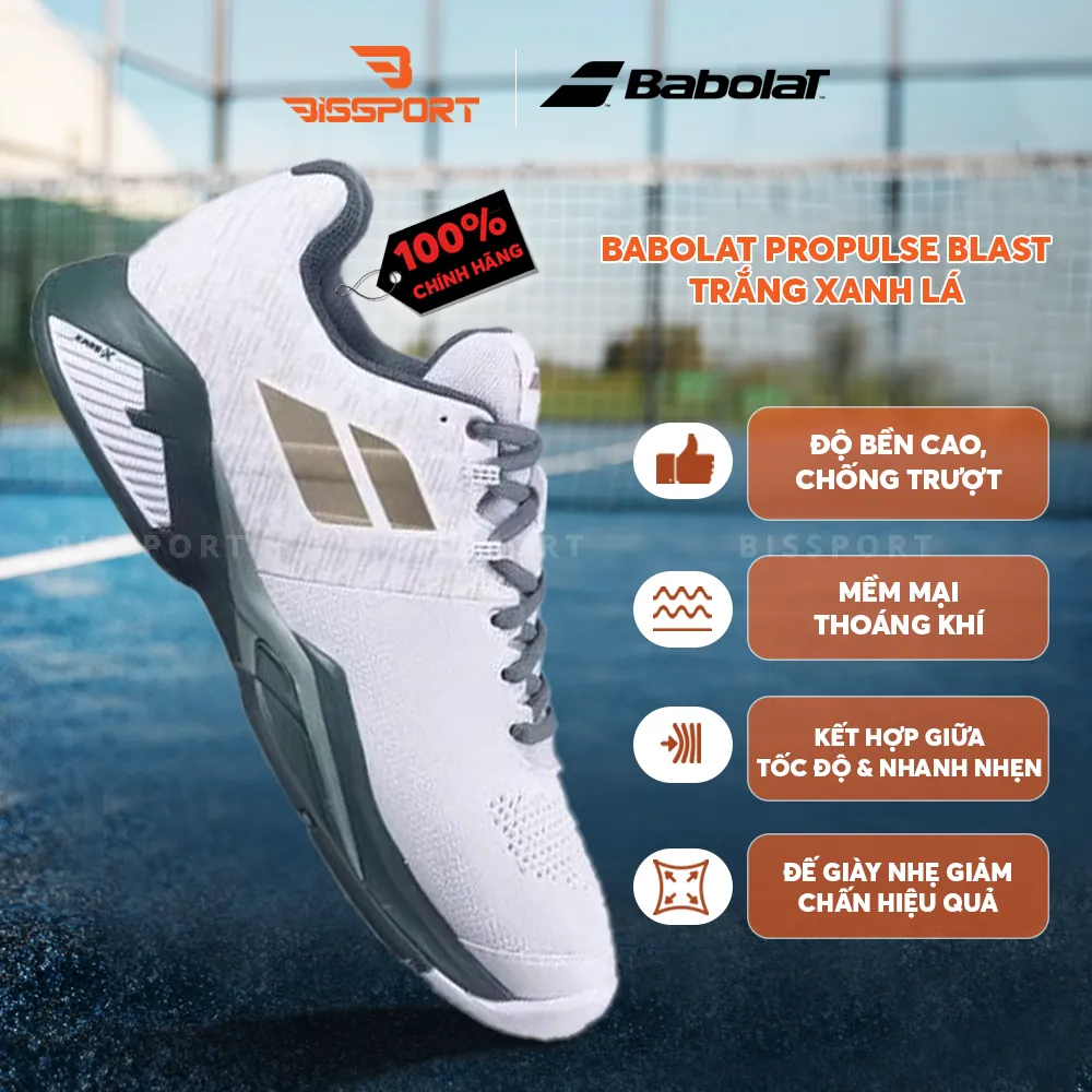 Giày Pickleball / Tennis Babolat Propulse Blast AC Men Chính Hãng - Trắng Xanh Lá (30F26442T) - Ổn định - Bám Sân - Chắc Chân