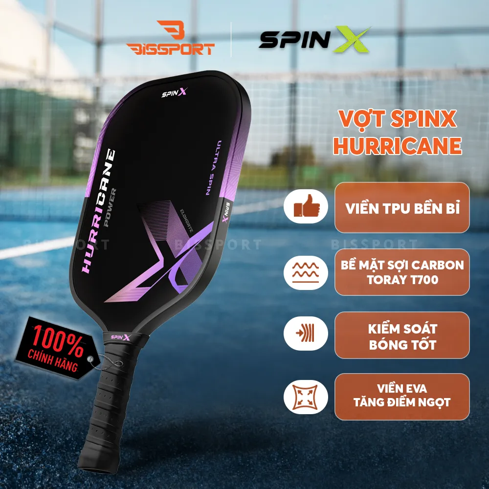 Vợt Pickleball SpinX Hurricane Power Elongate Chính Hãng - Tím Hồng - Carbon Toray T700 - Full Foam Core - Đánh Chắc