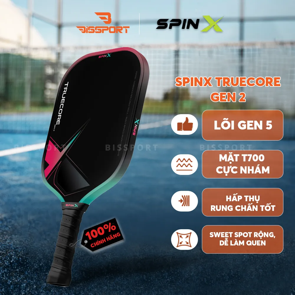 Vợt Pickleball SpinX TrueCore Gen 2 16MM Chính Hãng - Hồng Xanh - Ổn Định – Cảm Giác Bóng Rõ – Kiểm Soát - Bề Mặt T700 Carbon