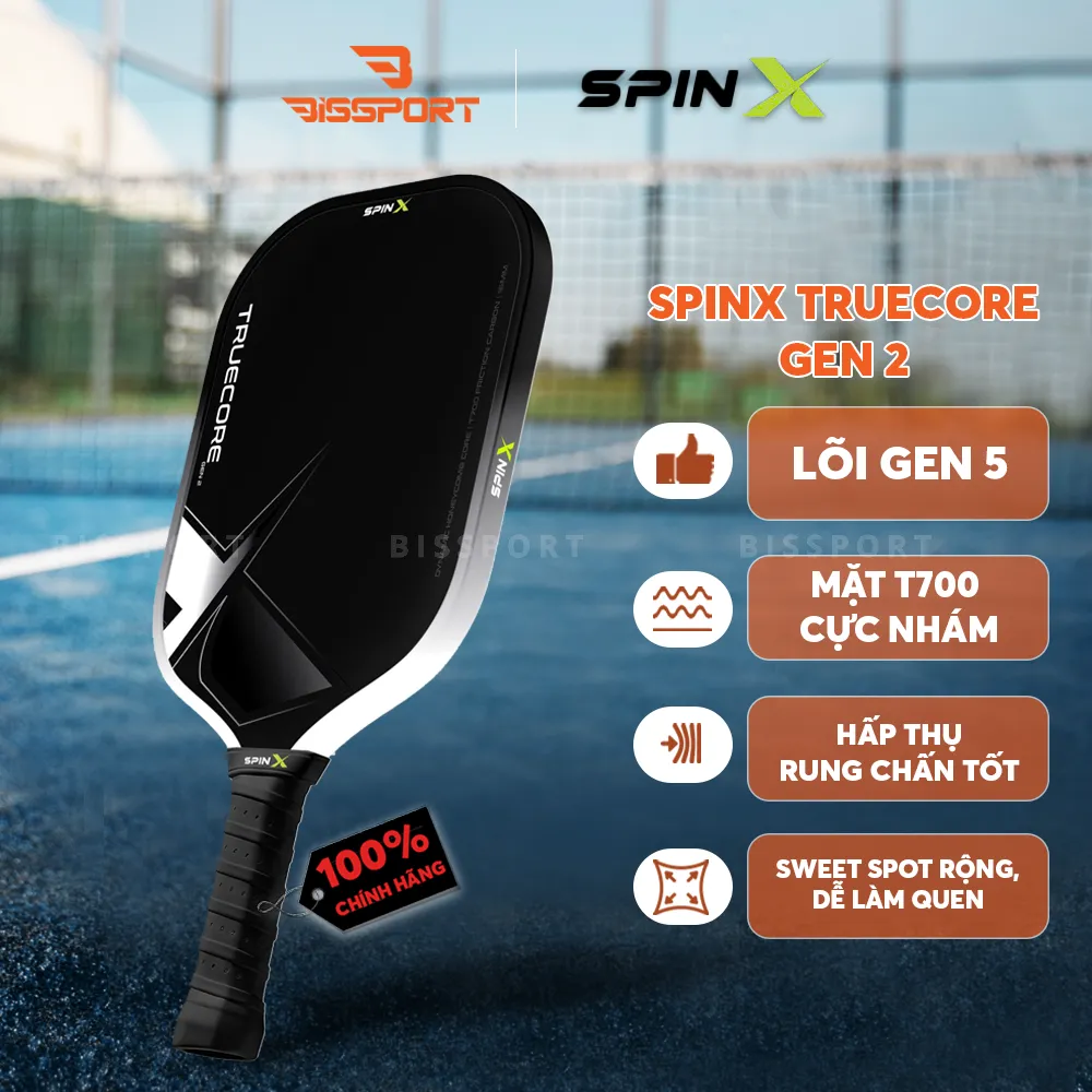 Vợt Pickleball SpinX TrueCore Gen 2 16MM Chính Hãng - Trắng - Ổn Định – Cảm Giác Bóng Rõ – Kiểm Soát - Bề Mặt T700 Carbon