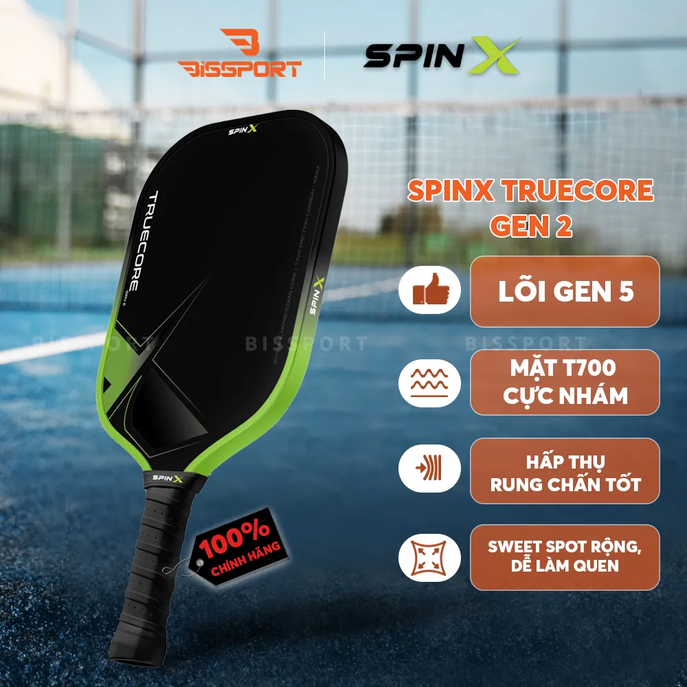 Vợt Pickleball SpinX TrueCore Gen 2 16MM Chính Hãng - Xanh Lá - Ổn Định – Cảm Giác Bóng Rõ – Kiểm Soát - Bề Mặt T700 Carbon