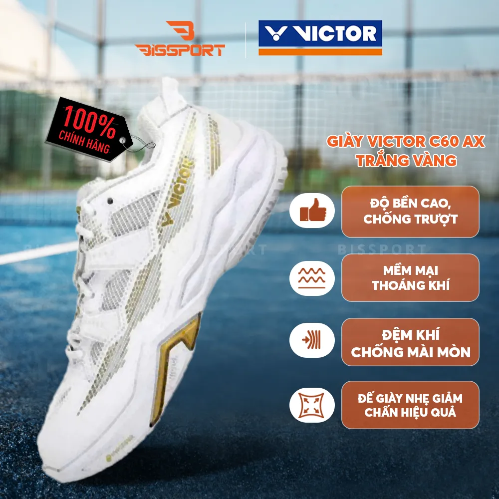 Giày Cầu Lông Victor C60 AX Chính Hãng - Trắng Vàng - Bền Bỉ - GIảm Chấn - Đế Bám Mọi Sàn - Nhẹ Êm - Ổn Định