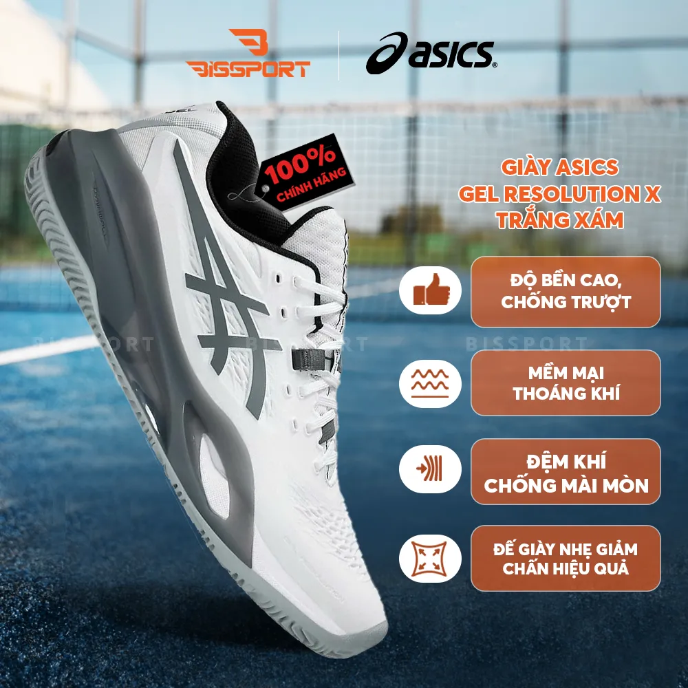 Giày Tennis/Pickleball Asics Gel Resolution X Chính Hãng - Trắng Xám - Ổn Định - Thoáng Khí - Nhẹ Giảm Chấn - Bền Bỉ