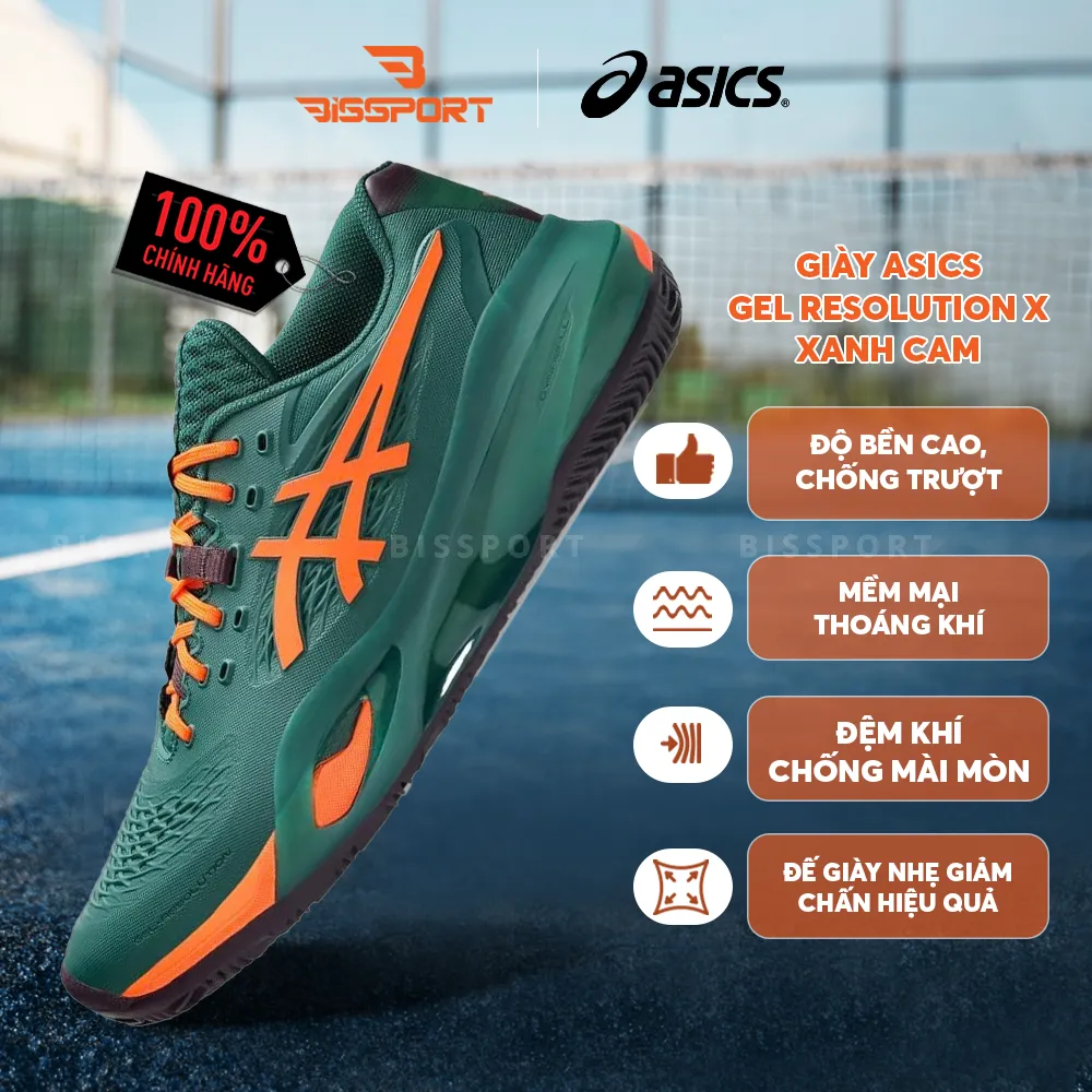 Giày Tennis/Pickleball Asics Gel Resolution X Chính Hãng - Xanh Cam - Ổn Định - Thoáng Khí - Nhẹ Giảm Chấn - Bền Bỉ