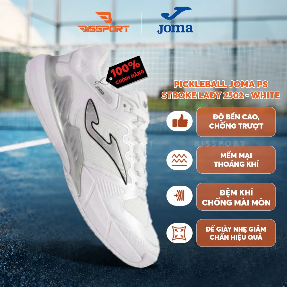 Giày Pickleball/Tenniis Joma PS Stroke Lady 2502 White Chính Hãng - Êm - Chắc Chắn, Bền Bỉ - Thoáng - Bám Sân Ổn Định