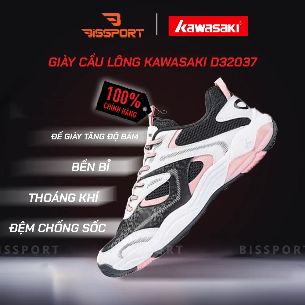Giày Cầu Lông Kawasaki D32037 Chính Hãng - Trắng Hồng Đen - Nhẹ Nhàng - Bền Bỉ - Ổn Định - Thông Thoáng - Giảm Chấn