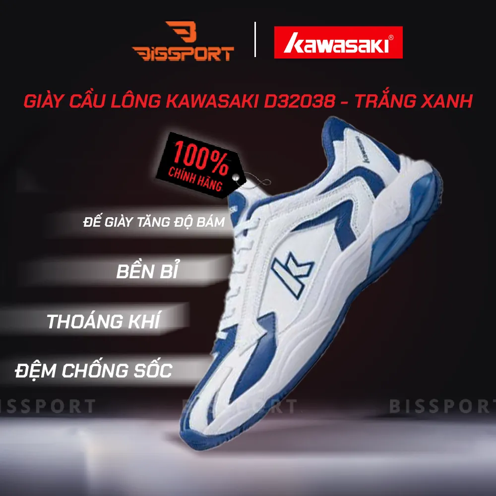 Giày Cầu Lông Kawasaki D32038 Trắng Xanh Chính Hãng - Nhẹ Nhàng - Bền Bỉ - Ổn Định - Thông Thoáng - Giảm Chấn