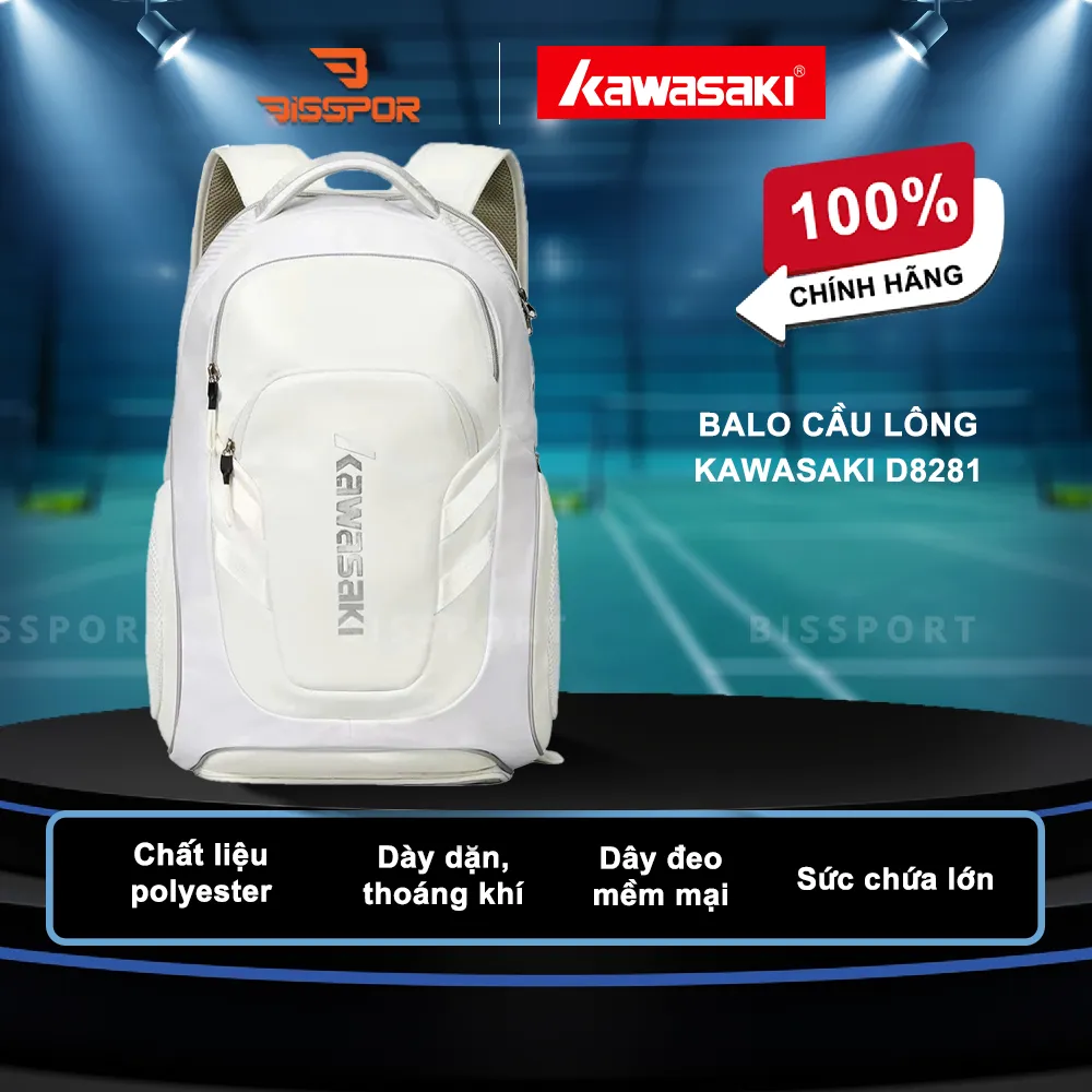 Balo Cầu Lông Kawasaki D8281 Chính Hãng - Trắng - Tiện Dụng - Bền - Chắc Chắn - Nhẹ - Ổn Định - Có Ngắn Đựng Vợt Riêng