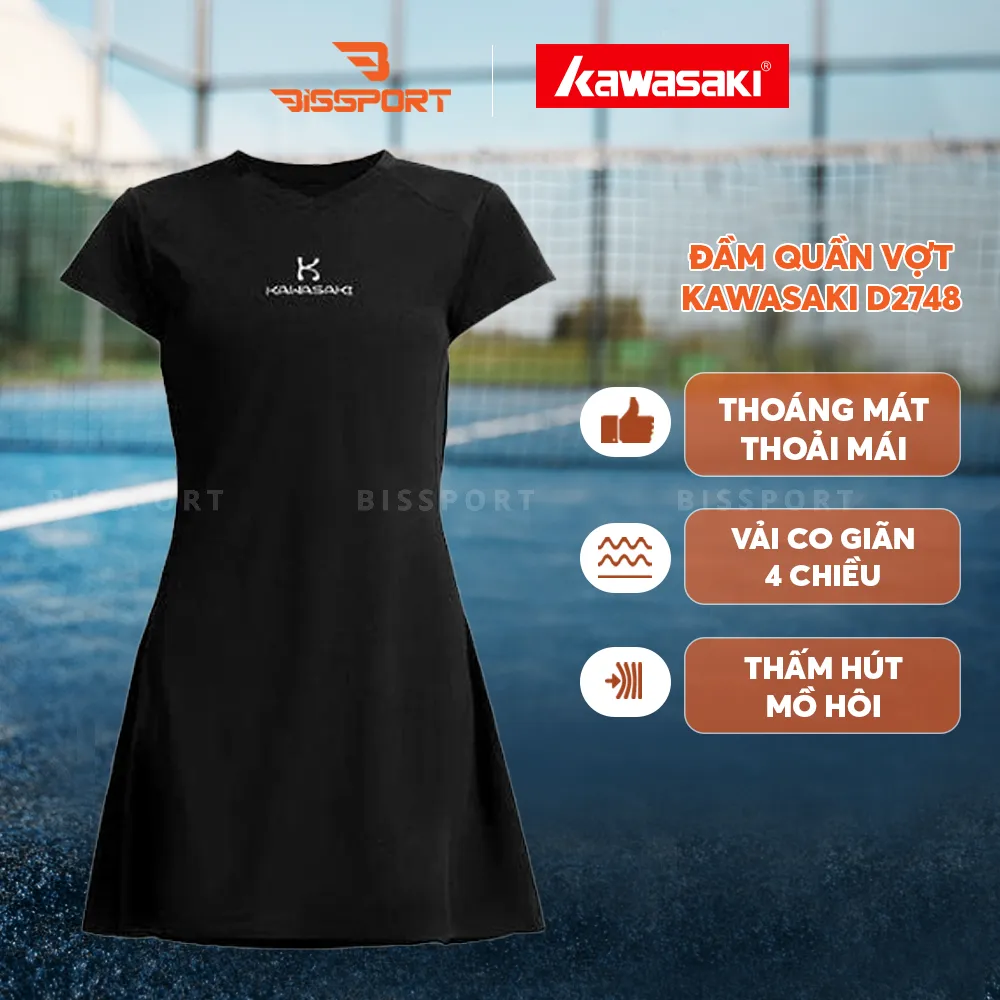 Đầm Cầu Lông / Tennis / Pickleball Kawasaki D2748 Đen Chính Hãng - Bền Bỉ - Thoải Mái - Mềm Mại - Thấm Hút Mồ Hôi