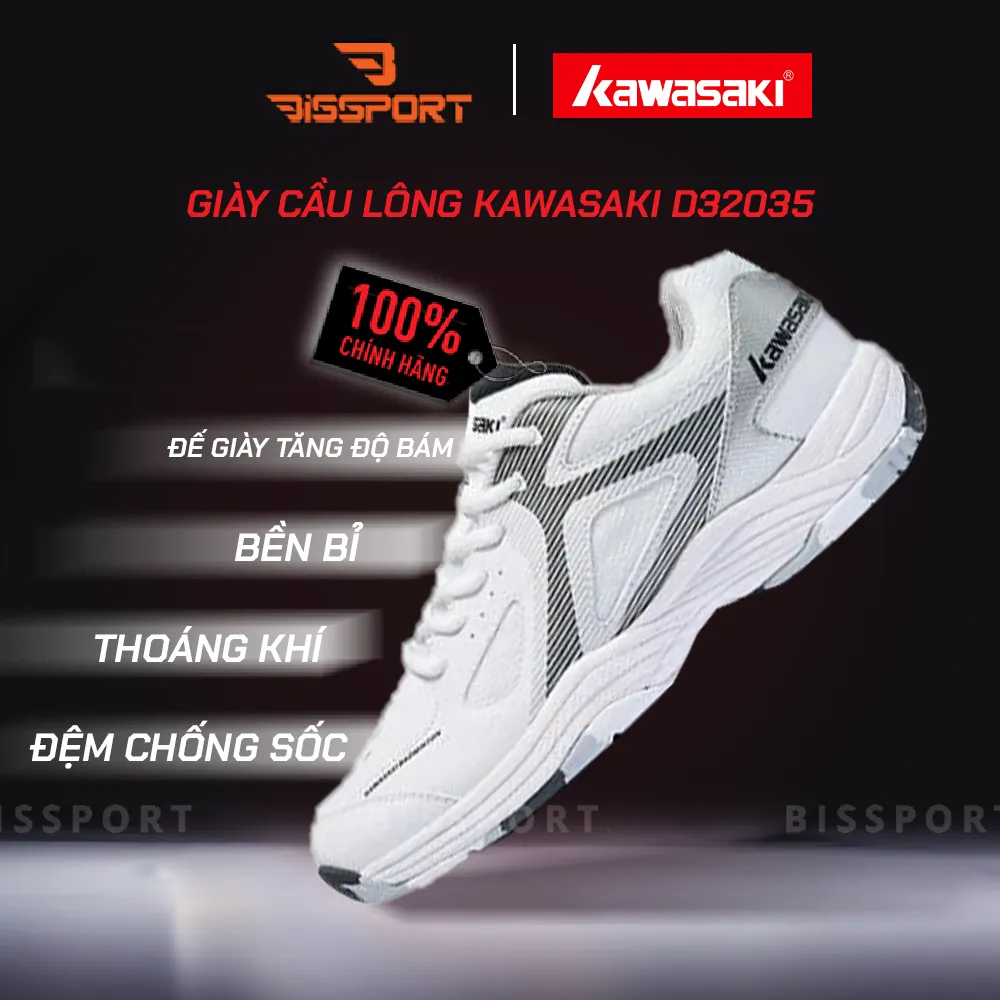 Giày Cầu Lông Kawasaki D32035 Chính Hãng - Trắng - Đế Bám Mọi Sân - Bền Bỉ - Nhẹ Nhàng - Ổn Định - Êm Ái
