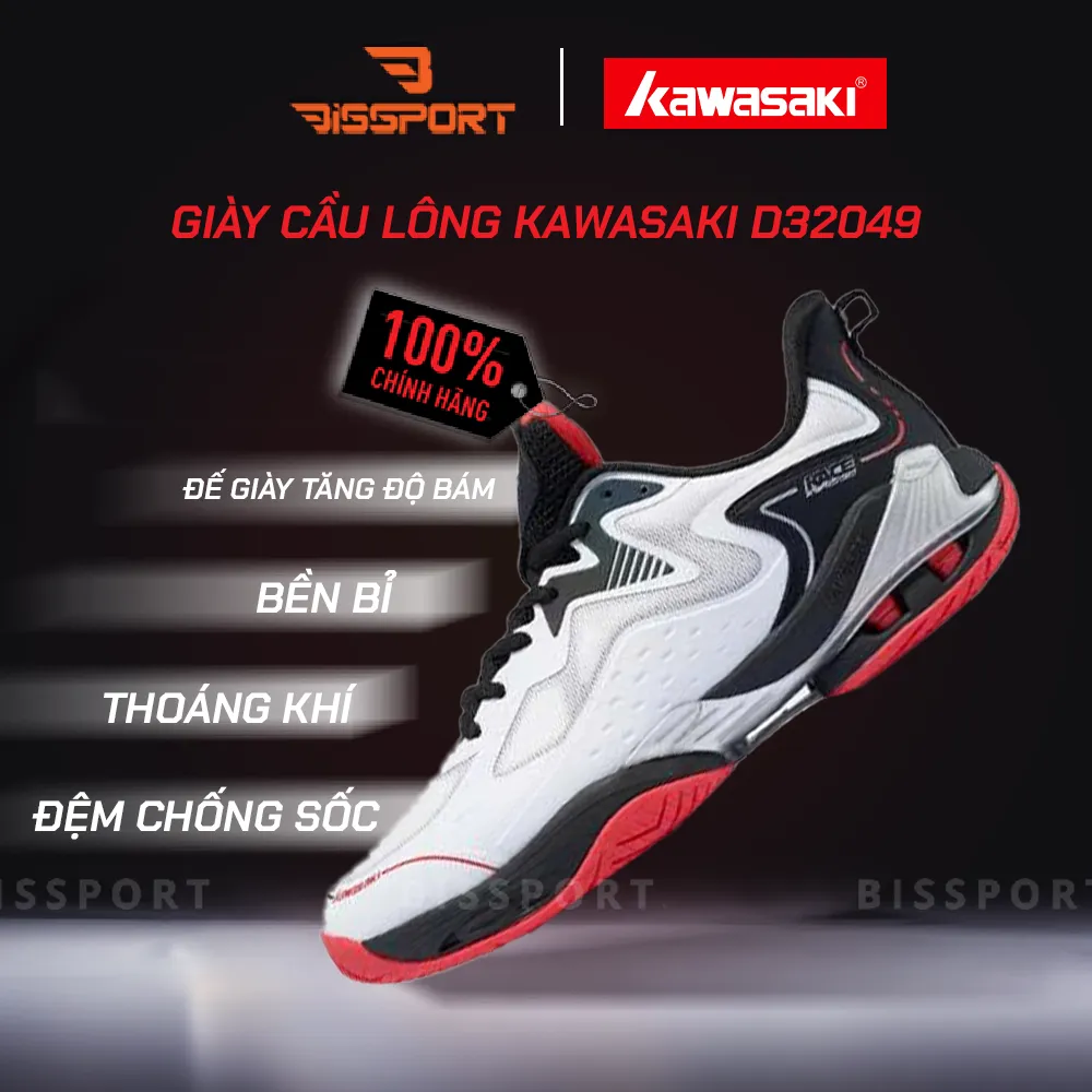 Giày Cầu Lông Kawasaki D32049 Chính Hãng - Trắng Đen - Đế Bám Mọi Sân - Bền Bỉ - Nhẹ Nhàng - Ổn Định - Êm Ái