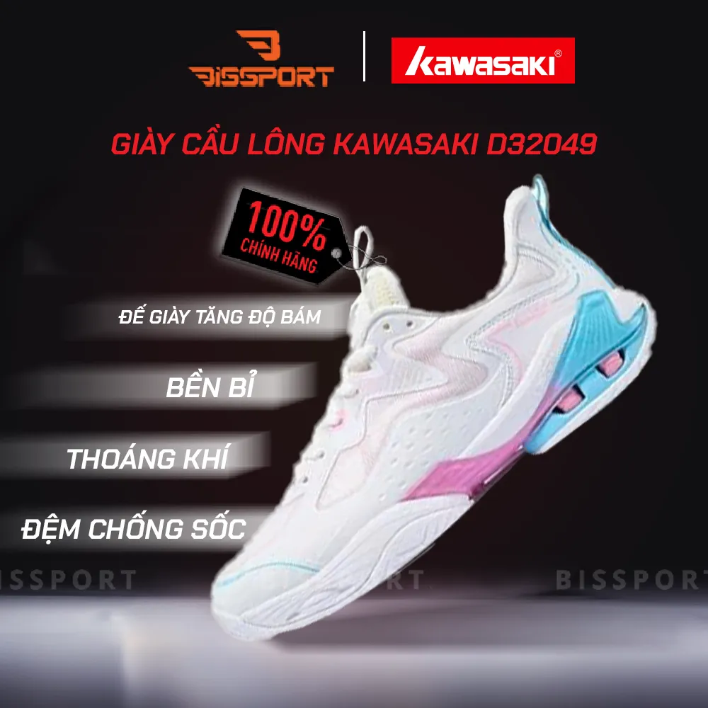 Giày Cầu Lông Kawasaki D32049 Chính Hãng - Trắng Hồng - Đế Bám Mọi Sân - Bền Bỉ - Nhẹ Nhàng - Ổn Định - Êm Ái