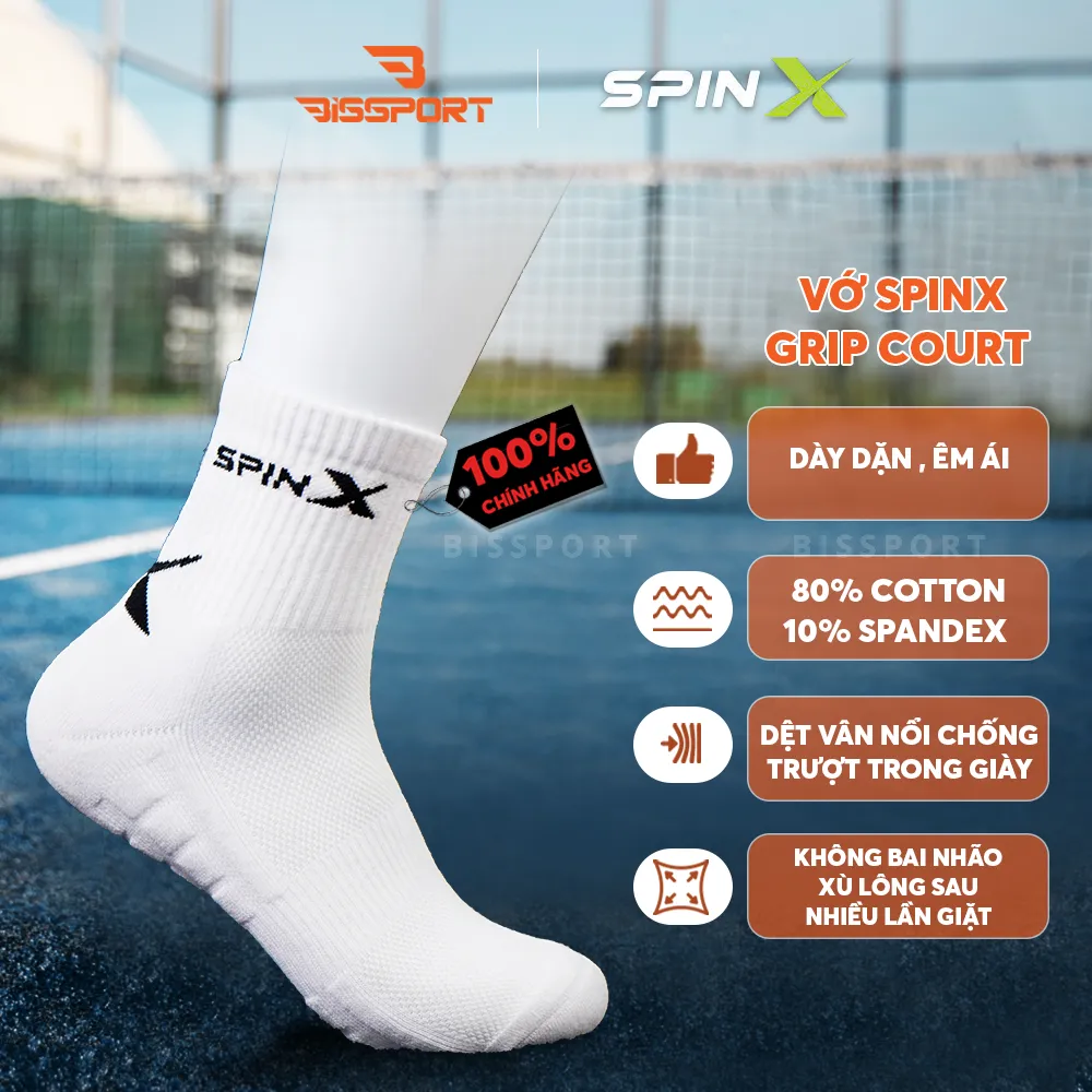 Vớ Thể Thao Pickleball / Tennis SpinX Grip Court Trắng Chính Hãng - Co Giản - Êm Ái - Thoáng Khí - Chống Trượt - Ổn Định