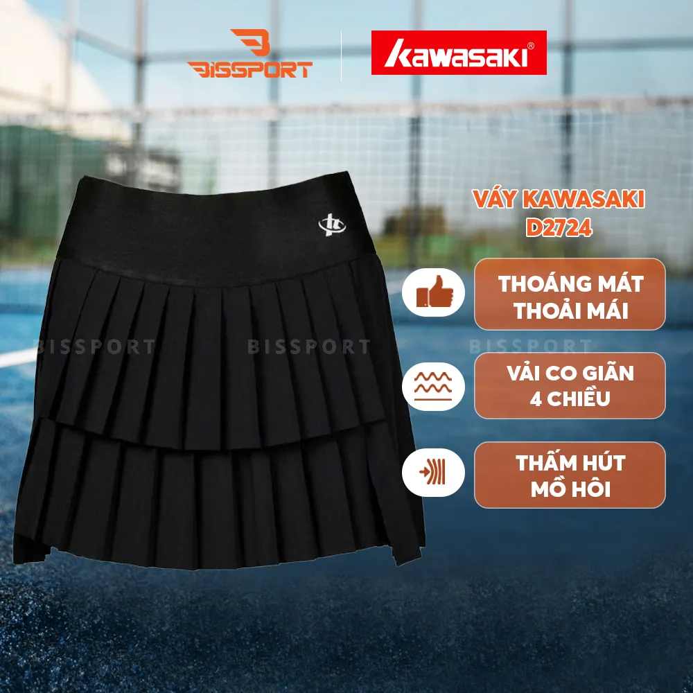 Váy Thể Thao Kawasaki D2724 Chính Hãng - Đen - Lưng Thun - Thoáng Mát - Thấm Hút - Bền Bỉ - Co Giãn - Mỏng - Êm Ái