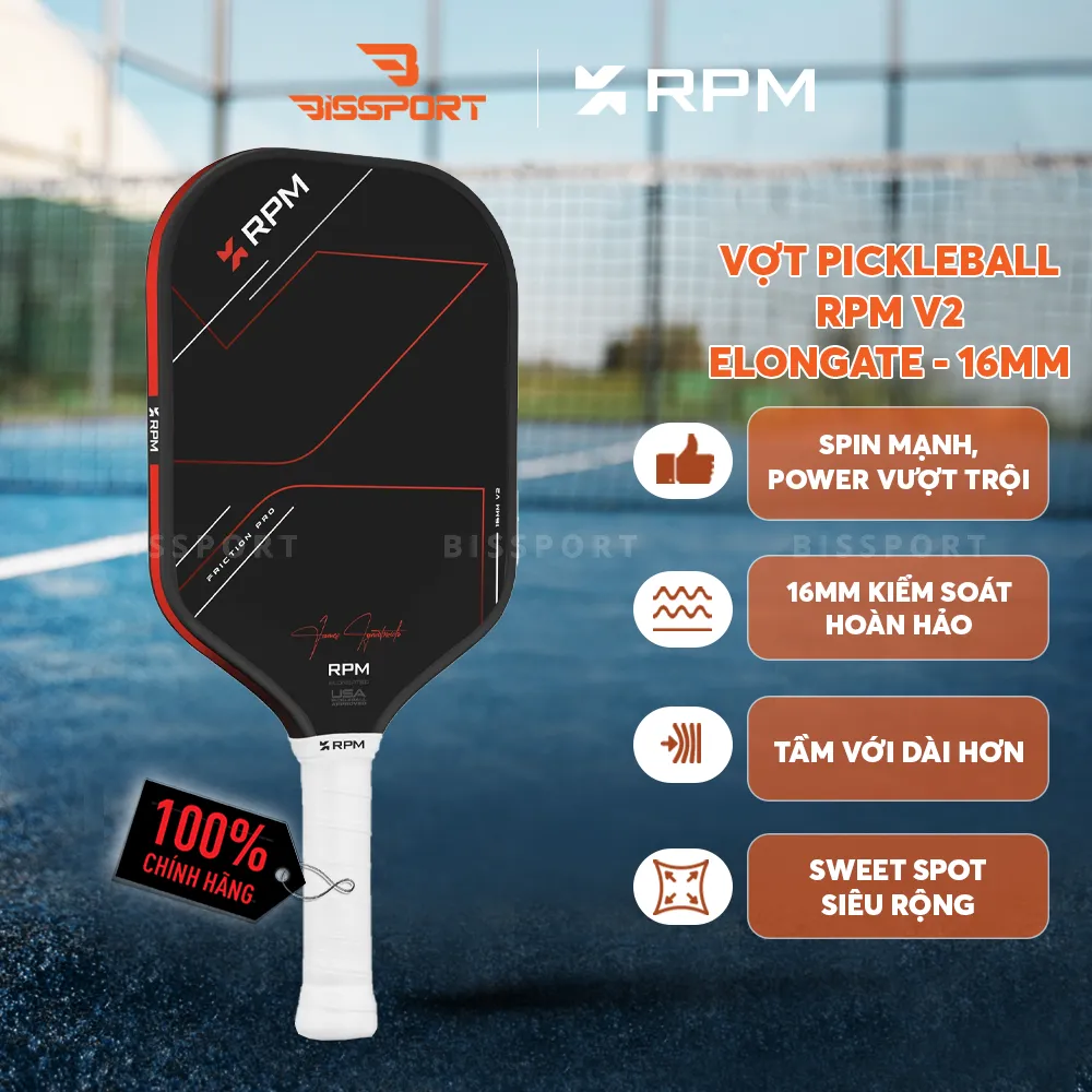 Vợt Pickleball RPM V2 Elongate 16mm Chính Hãng - Đầm - Bền Bỉ - Toàn Diện - Siêu Xoáy - Lõi Polymer Honeycomb - Chắc Tay