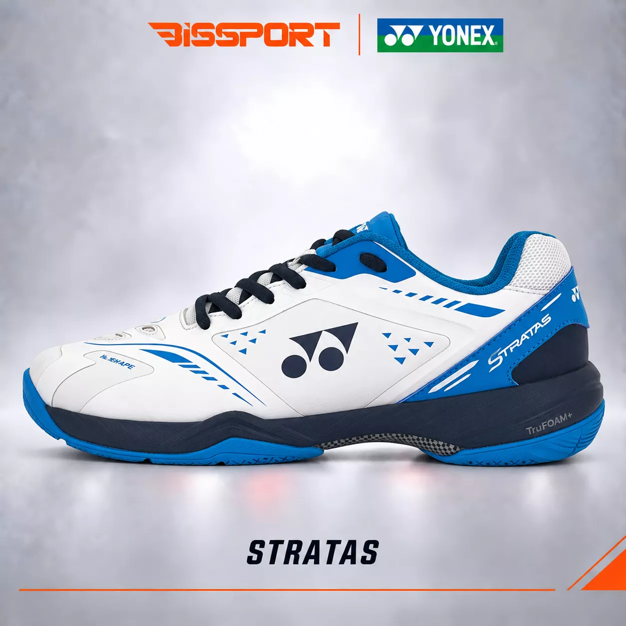 Giày Cầu ông Yonex Stratas Chính Hãng - Trắng Xanh - Bền Bỉ - Thông Thoáng - Giảm Chấn - Khóa Cổ Chân - Mềm Mại