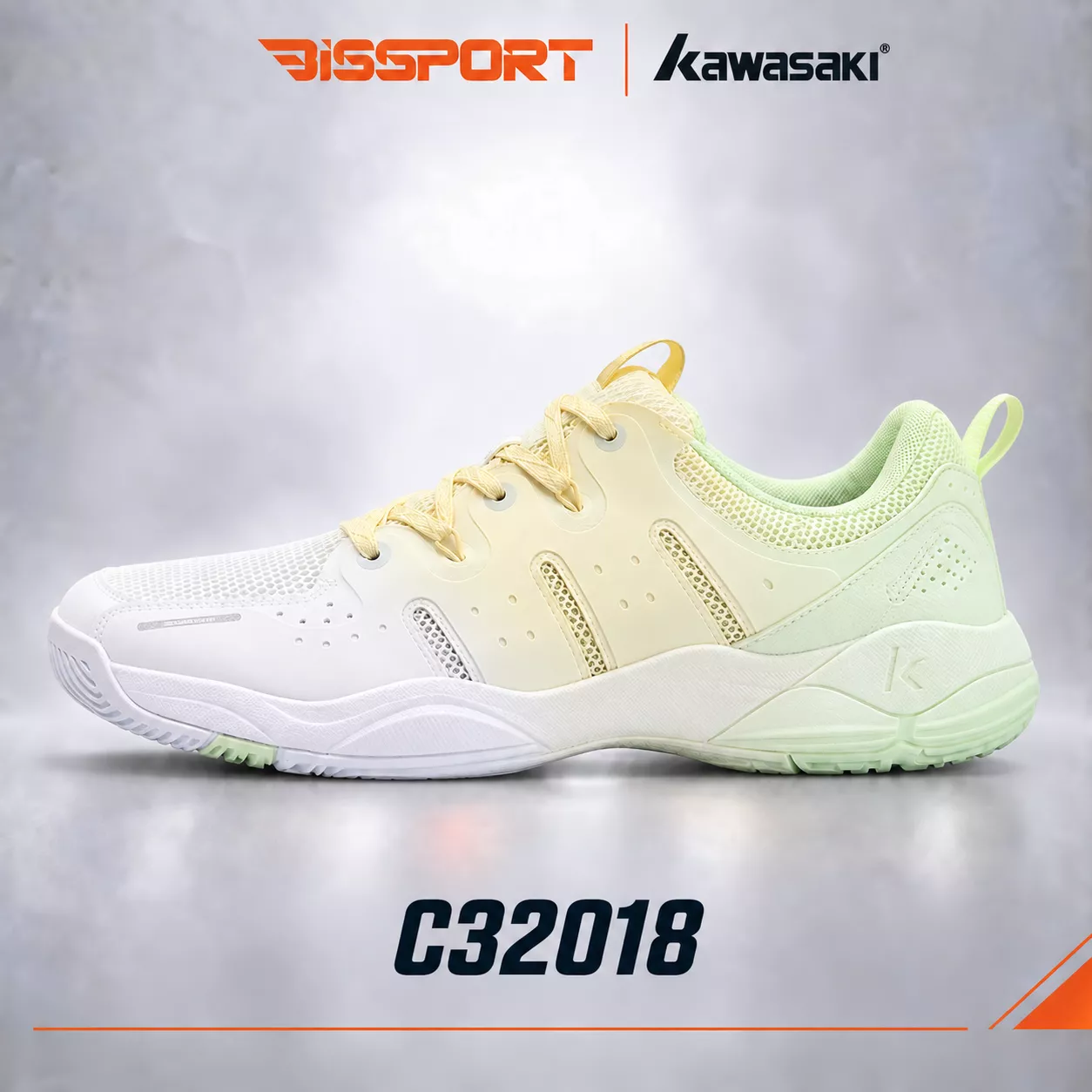 Giày Cầu Lông Kawasaki A32018 Chính Hãng - Trắng Vàng - Bền Bỉ - Giảm Chấn - Đế Chống Trượt Trên Mọi Sàn - Nhẹ Khi Mang