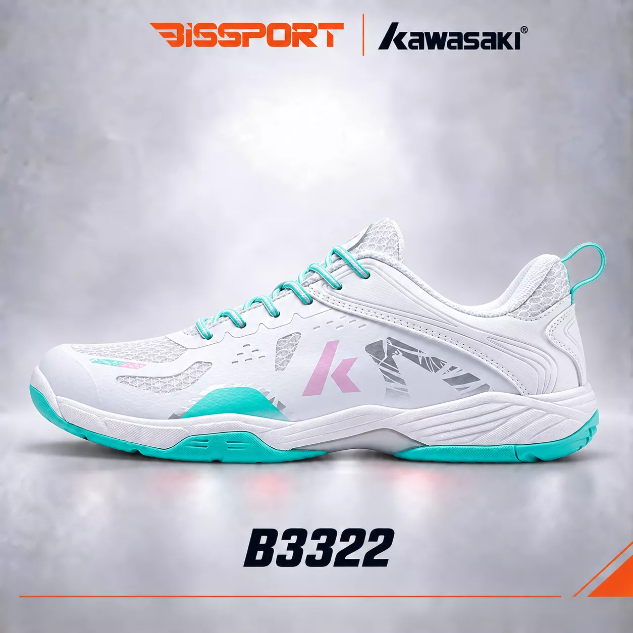 Giày Cầu Lông Kawasaki A3322 Trắng Xanh Ngọc Chính Hãng - Năng Động, Chống Thấm, Thoáng Khí, Đế Cao Su Chống Trơn Trượt